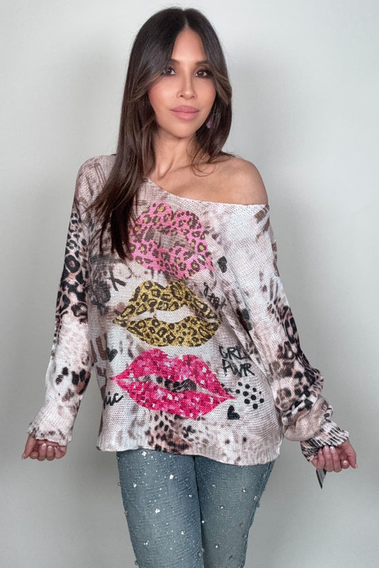 Pink Lips Round Neck Printed Sweater - Born To Glam Born To Glam