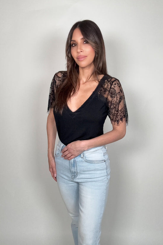 Lace Sleeve V-Neck Tee - Born To Glam Born To Glam