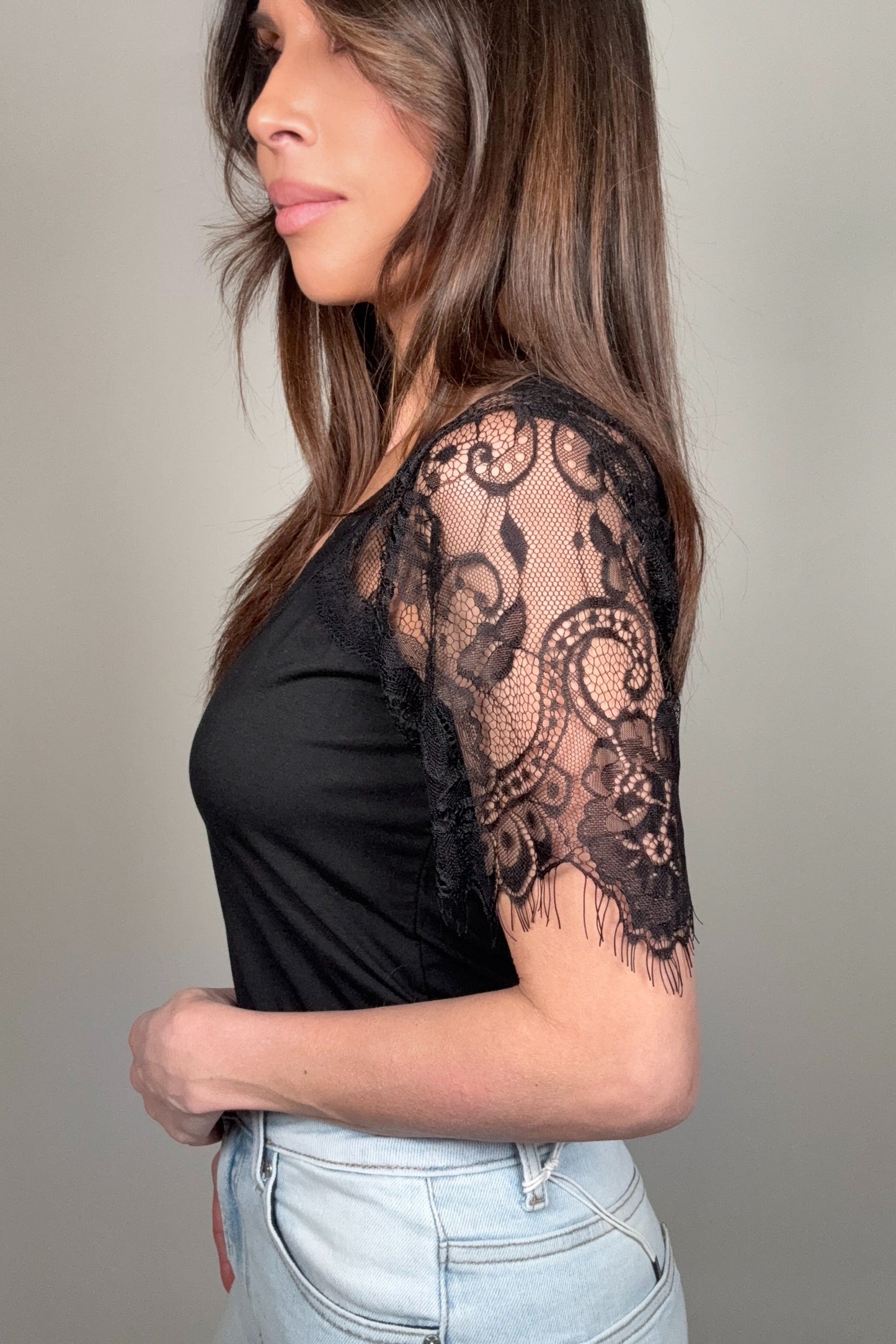 Lace Sleeve V-Neck Tee - Born To Glam Born To Glam