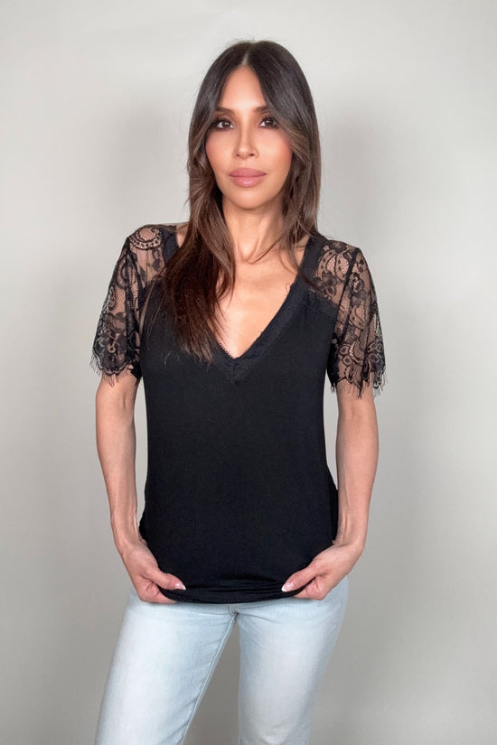 Lace Sleeve V-Neck Tee - Born To Glam Born To Glam