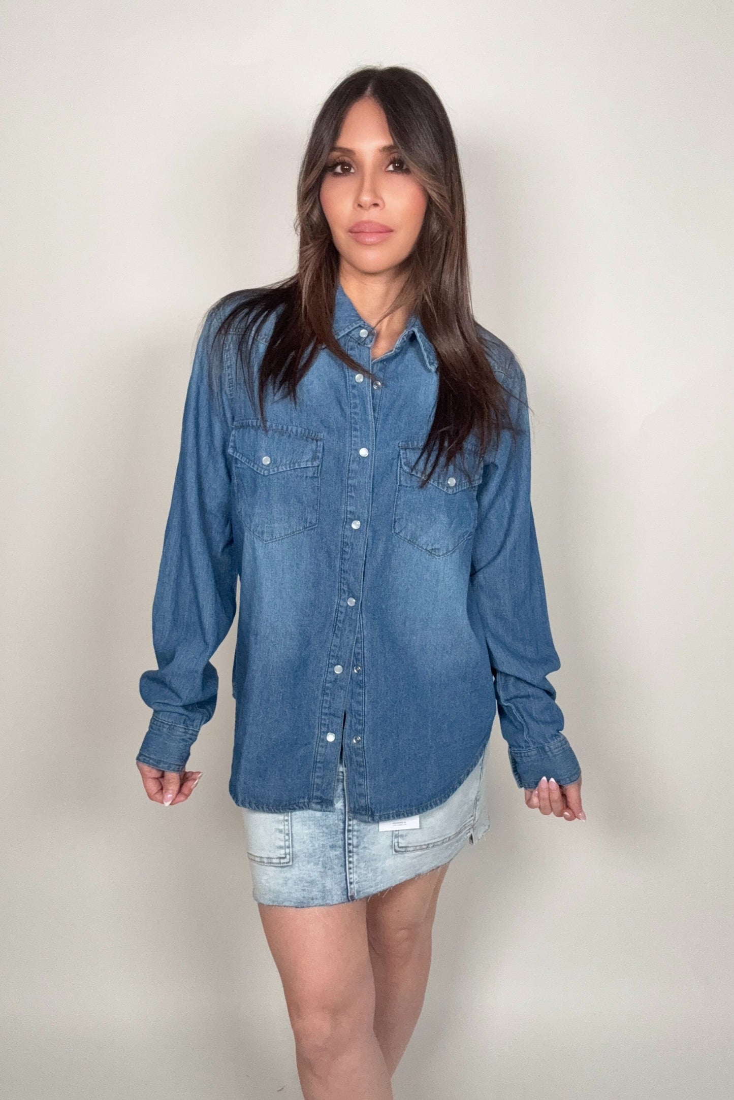 Western Snap Button Medium Denim Shirt - Born To Glam Born To Glam
