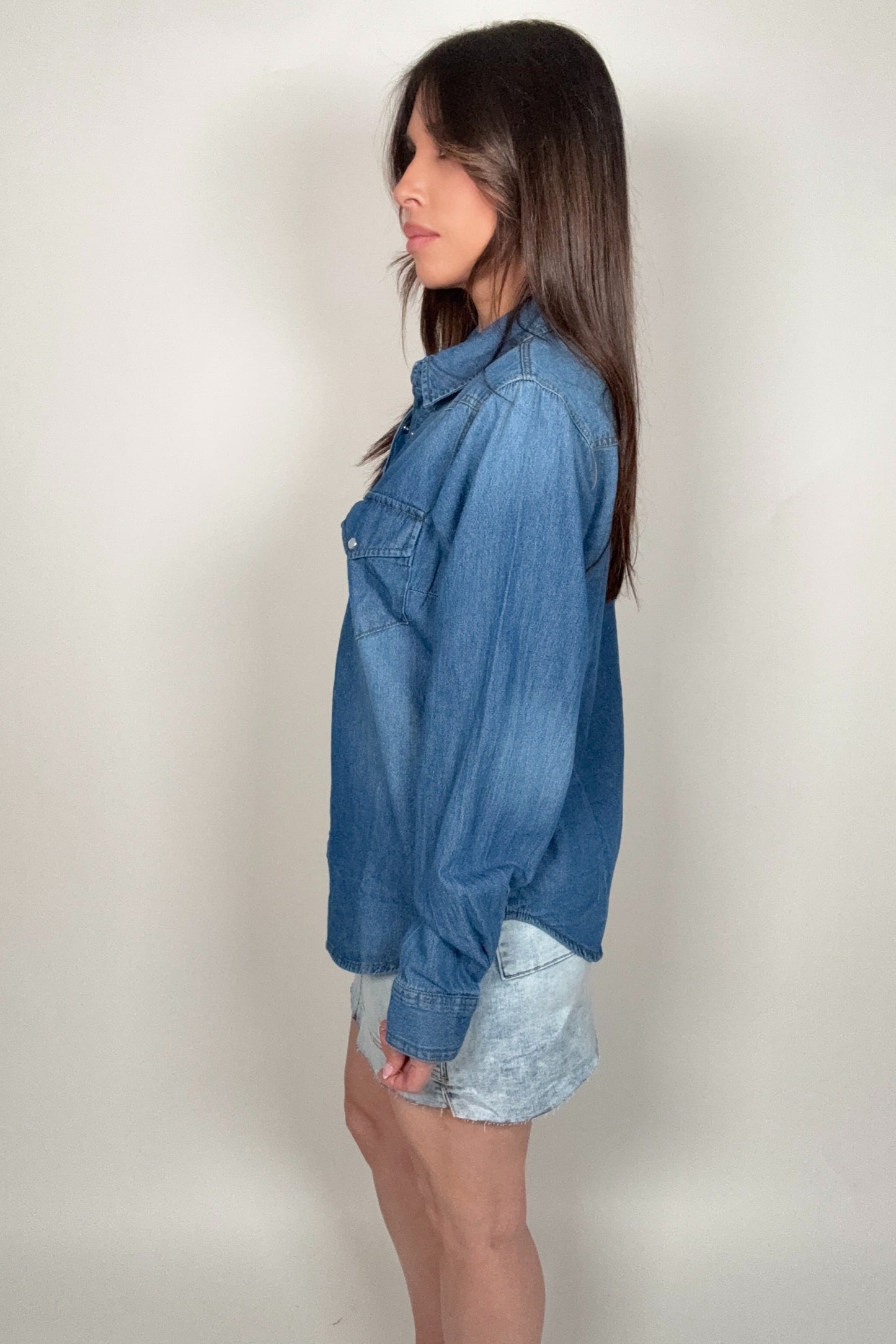 Western Snap Button Medium Denim Shirt - Born To Glam Born To Glam