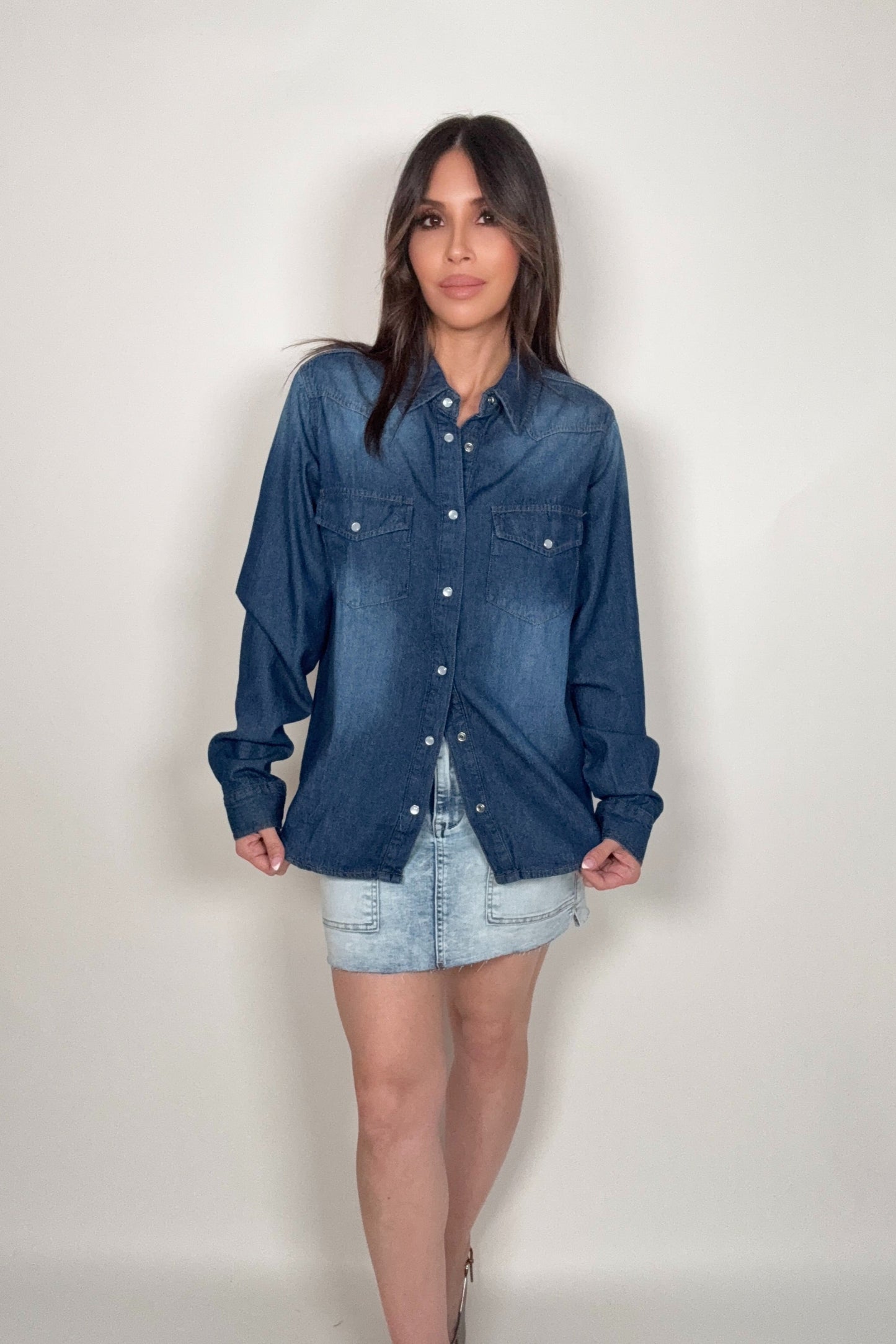 Western Snap Buttons Dark Denim Shirt - Born To Glam Born To Glam