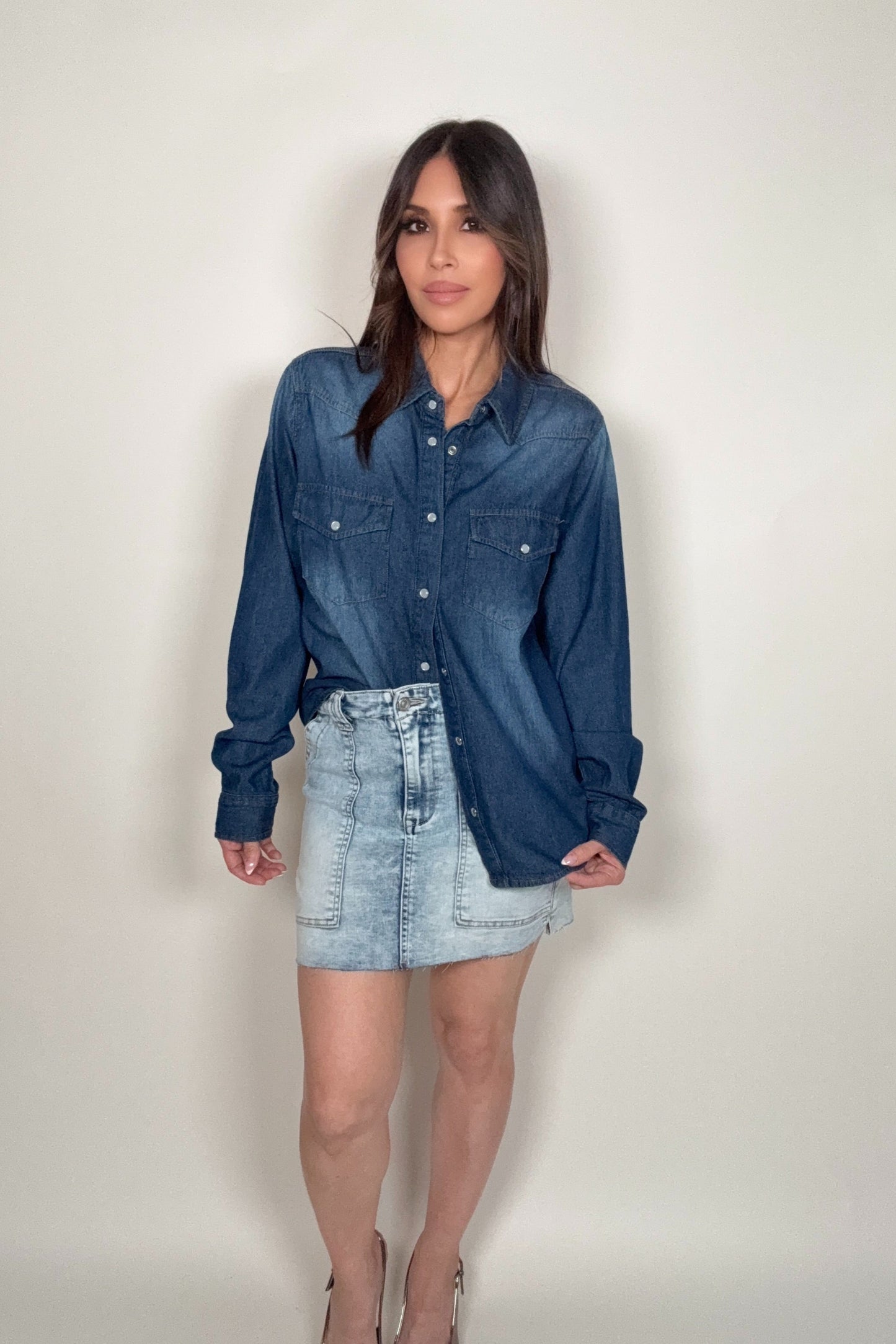 Western Snap Buttons Dark Denim Shirt - Born To Glam Born To Glam