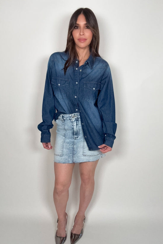 Western Snap Buttons Dark Denim Shirt - Born To Glam Born To Glam
