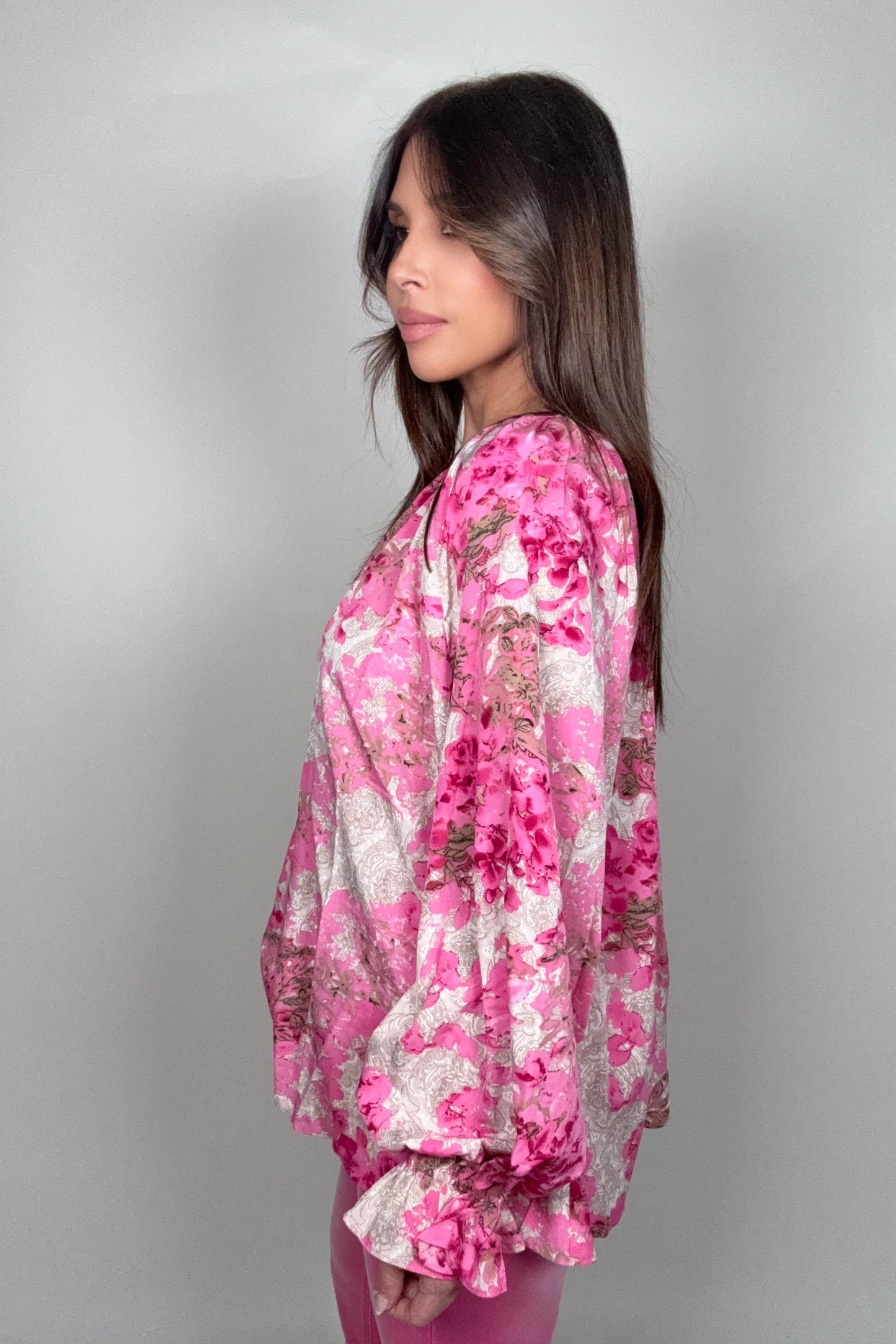 Pink Floral Ruffle Cuff Top - Born To Glam Born To Glam
