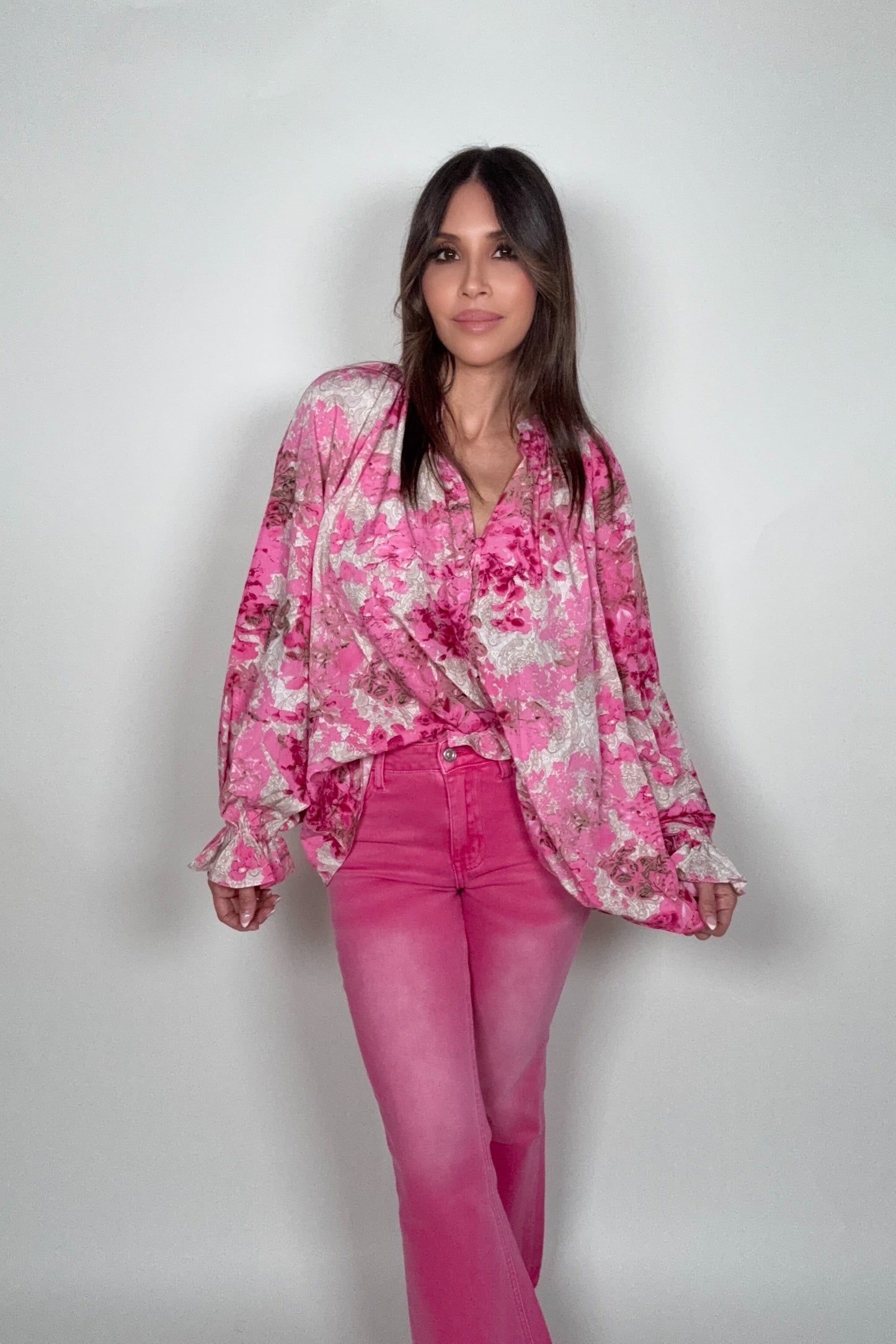 Pink Floral Ruffle Cuff Top - Born To Glam Born To Glam