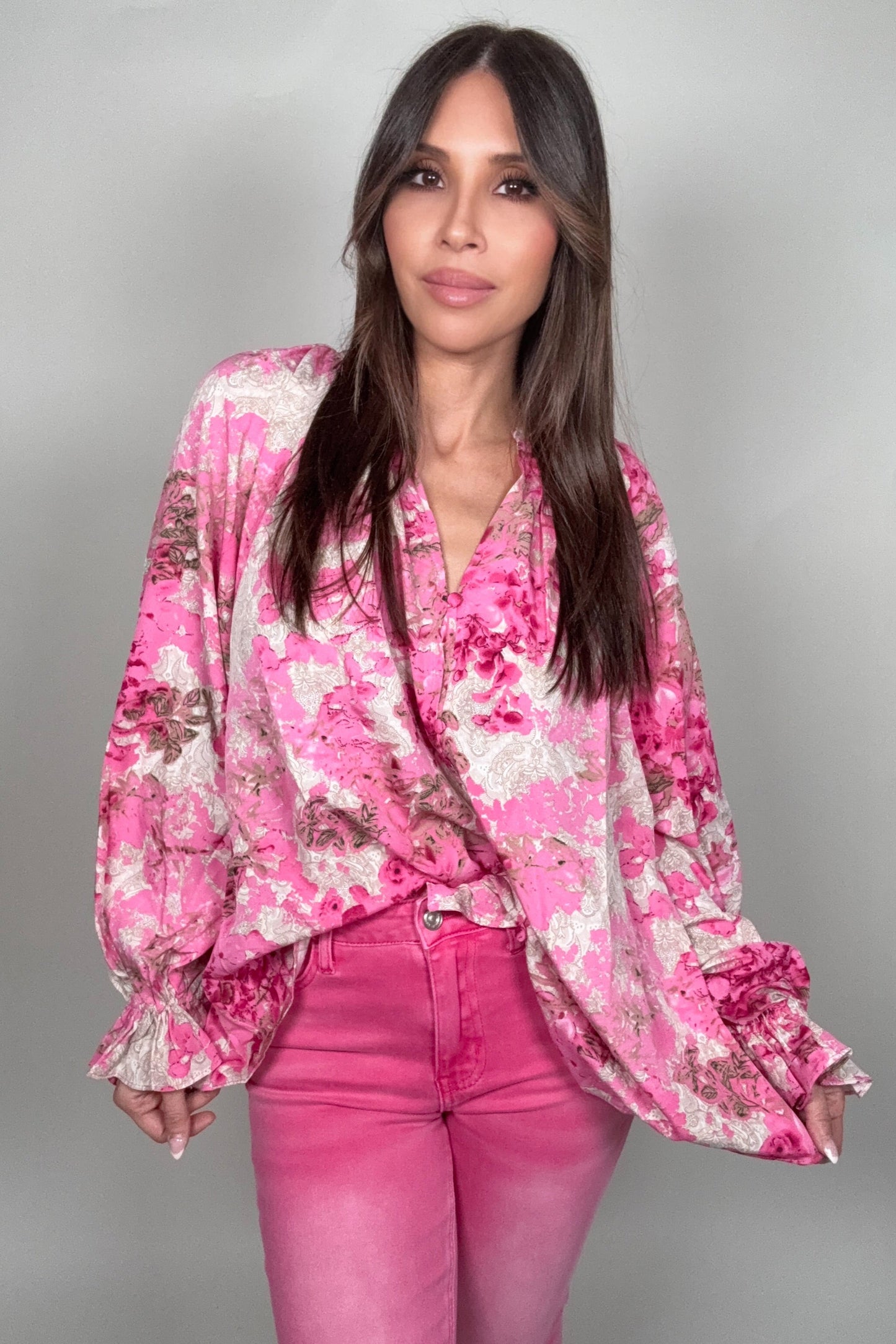 Pink Floral Ruffle Cuff Top - Born To Glam Born To Glam