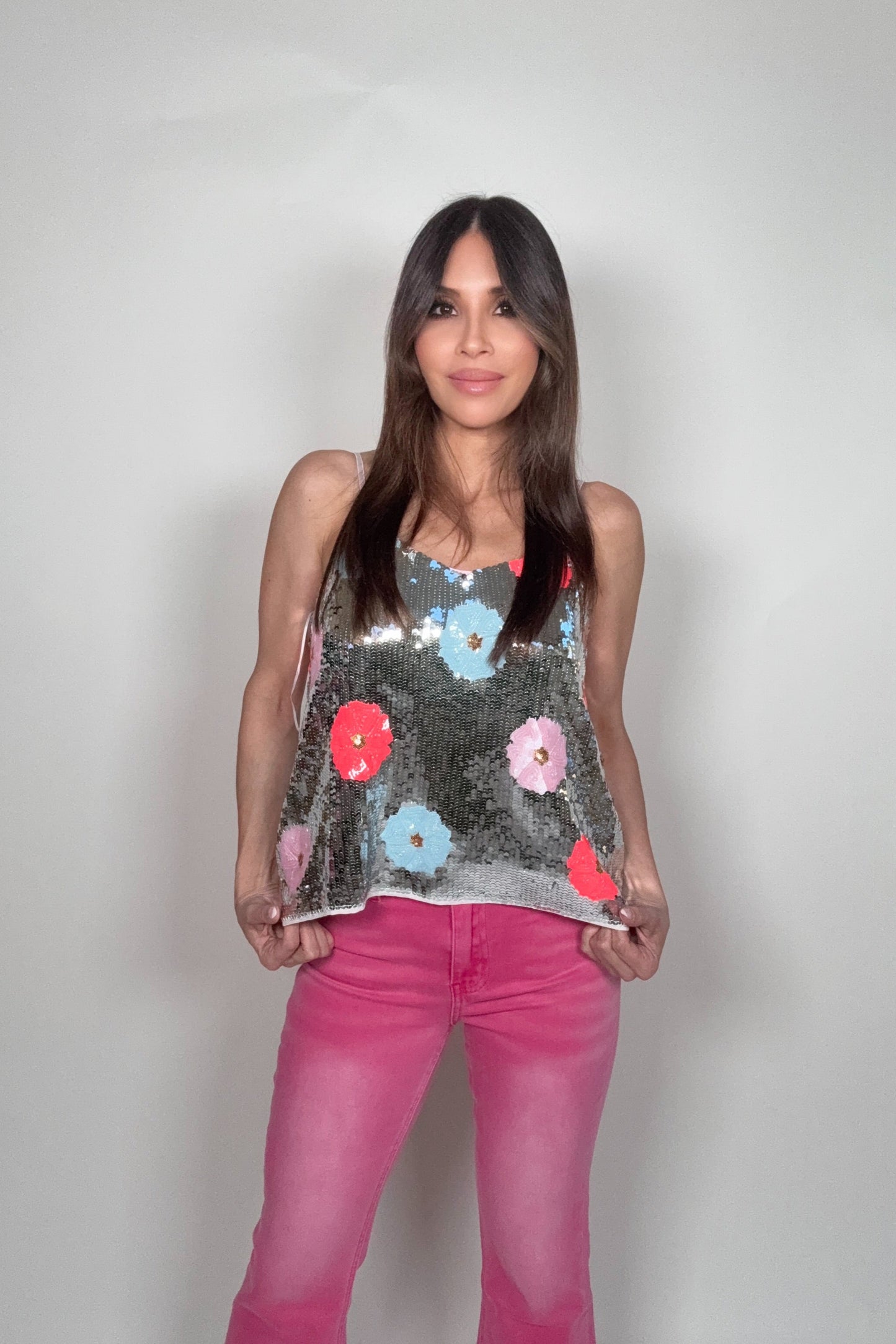 Silver Multi Sequin Flower Embellished Print Cami Tank - Born To Glam Born To Glam