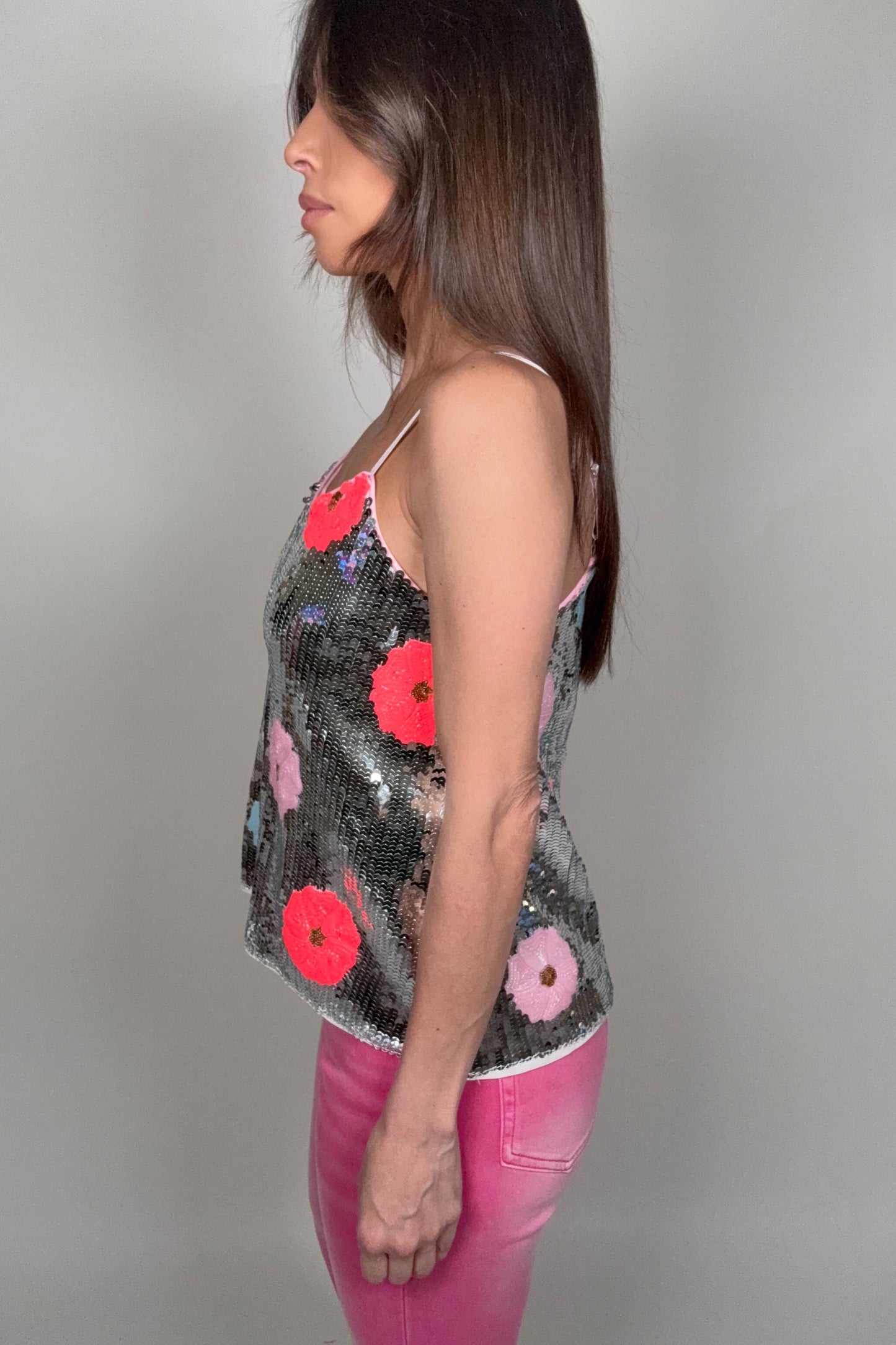Silver Multi Sequin Flower Embellished Print Cami Tank - Born To Glam Born To Glam