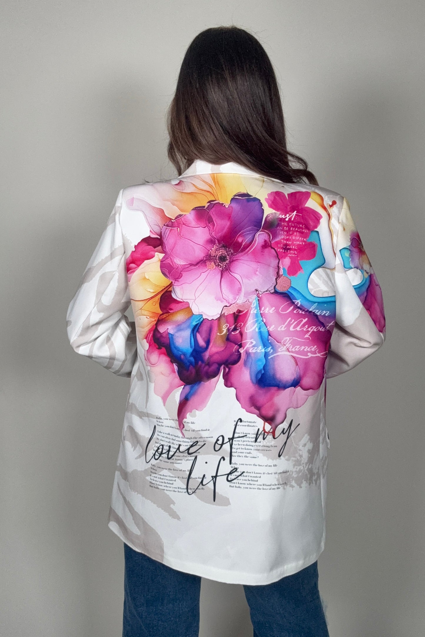 White Floral Print Graphic Blazer Born To Glam