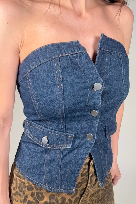Retro Strapless Button Denim Corset Top - Born To Glam Born To Glam