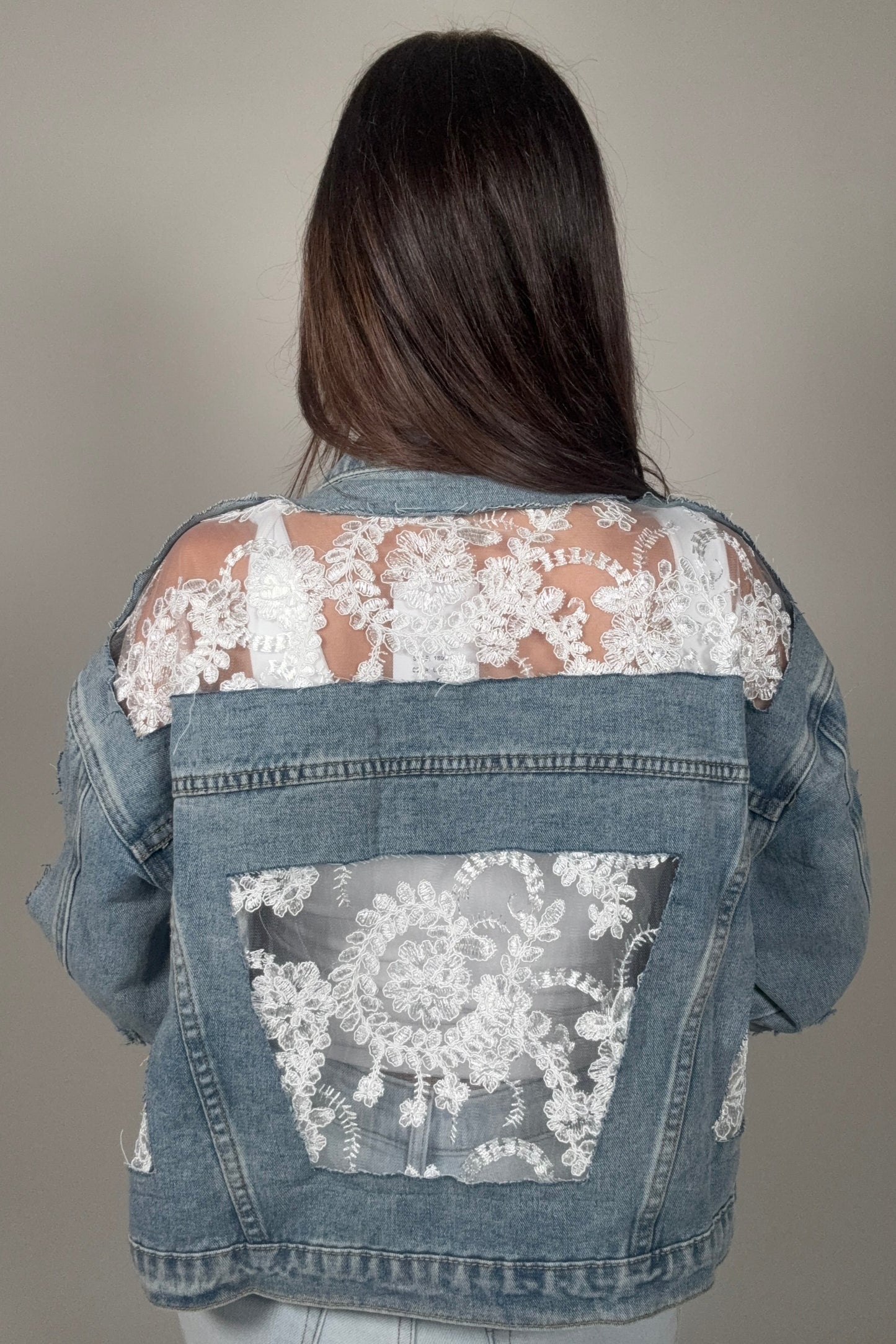 Lace Inset Raw Detail Oversized Denim Jacket - Born To Glam Born To Glam