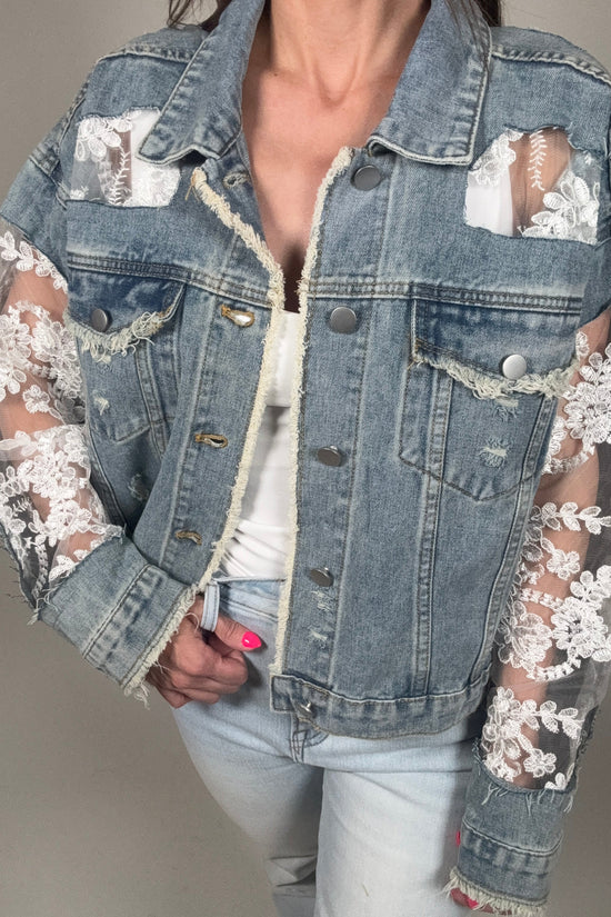 Lace Inset Raw Detail Oversized Denim Jacket - Born To Glam Born To Glam