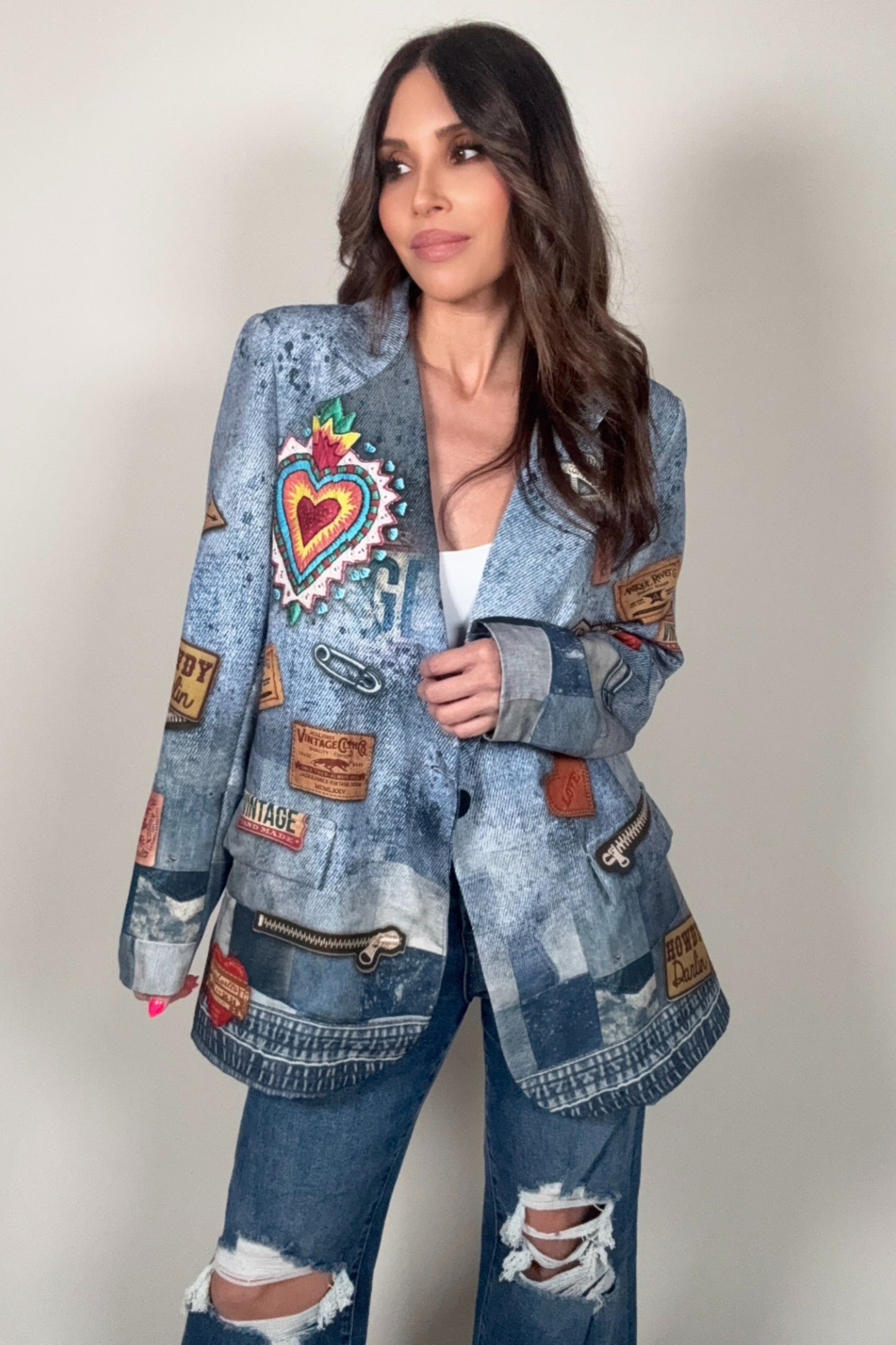 Denim Pop Art Patchwork Blazer - Born To Glam Born To Glam