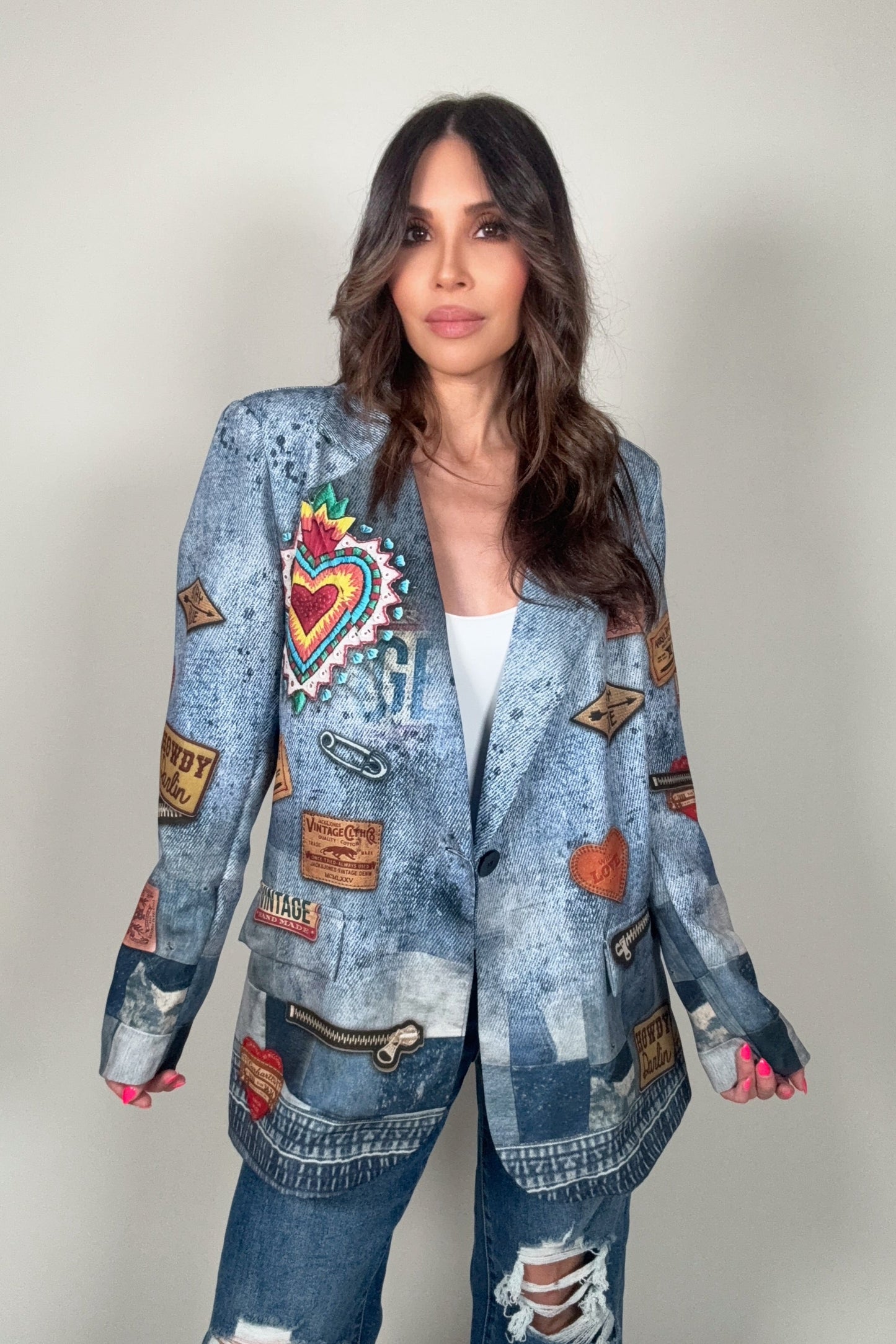Denim Pop Art Patchwork Blazer - Born To Glam Born To Glam