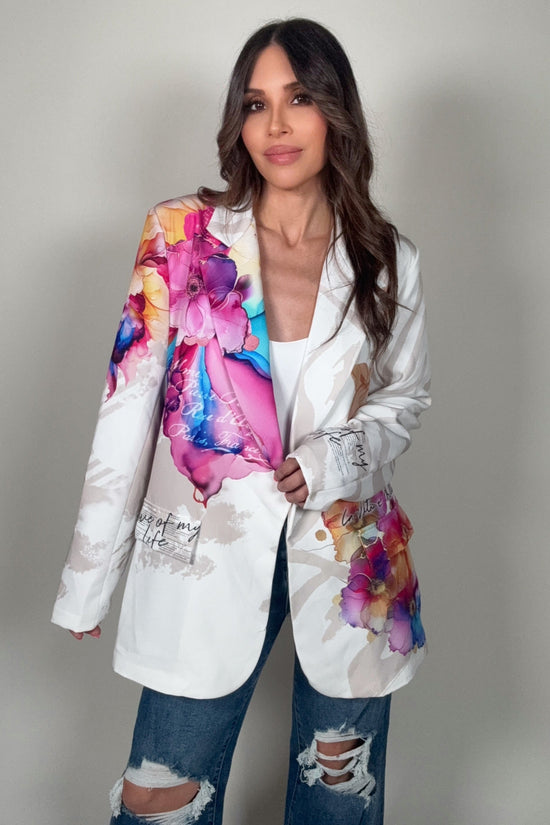 White Floral Print Graphic Blazer - Born To Glam Born To Glam
