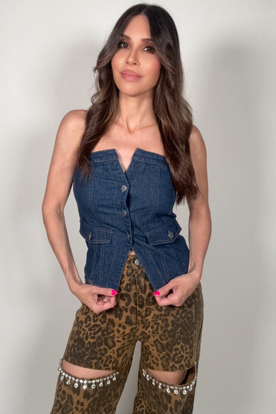 Retro Strapless Button Denim Corset Top - Born To Glam Born To Glam