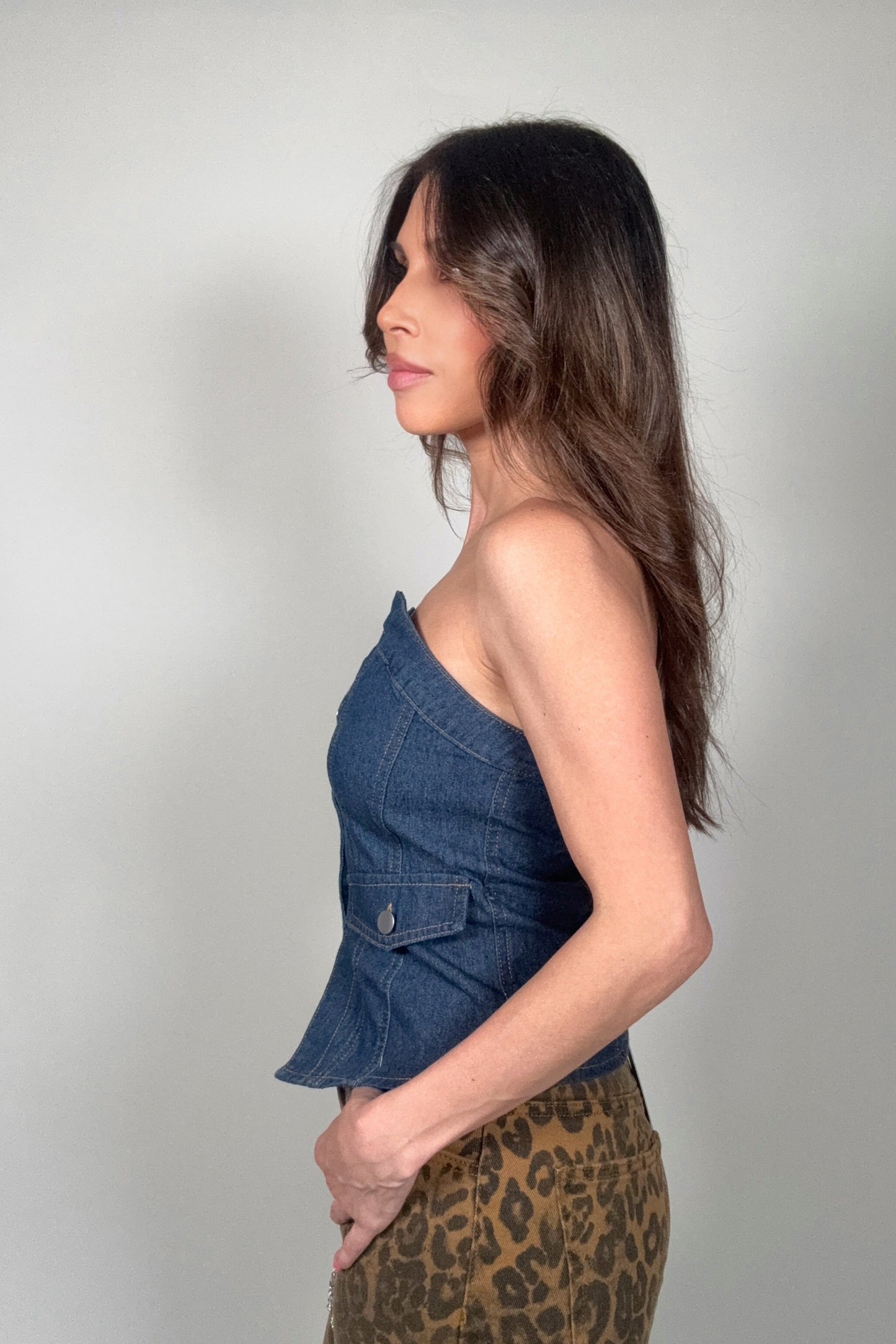 Retro Strapless Button Denim Corset Top - Born To Glam Born To Glam