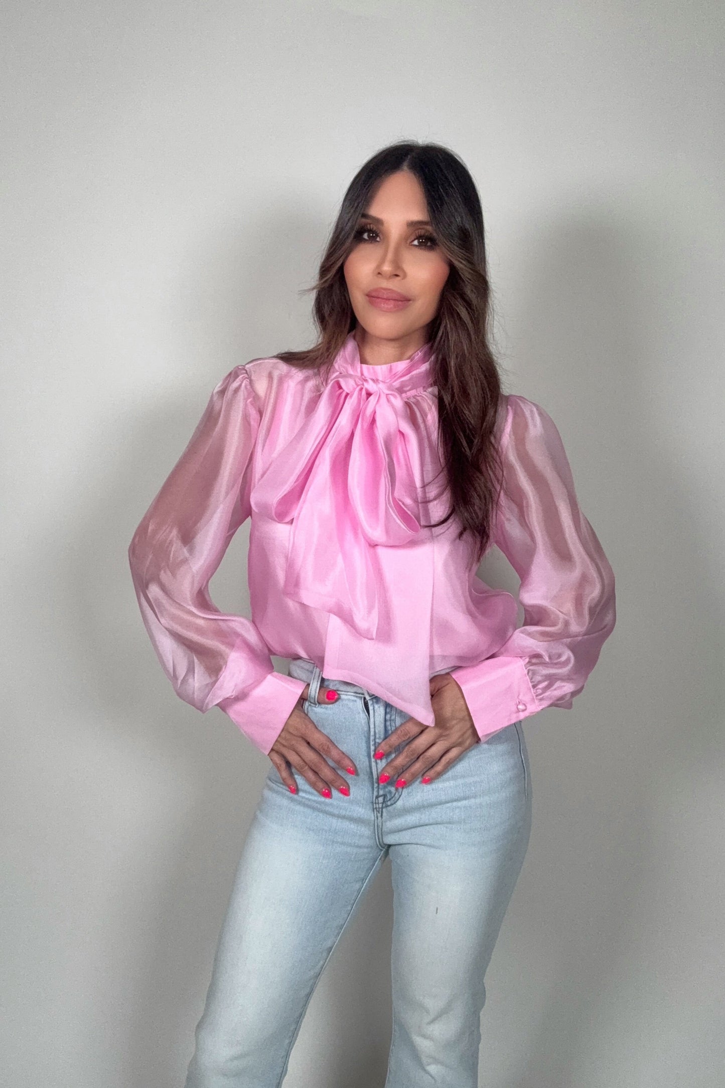 Pastel Chiffon Long Sleeve Bow-Tie Blouse Born To Glam