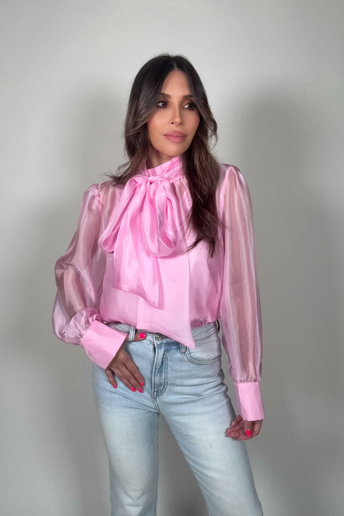 Pastel Chiffon Long Sleeve Bow-Tie Blouse Born To Glam