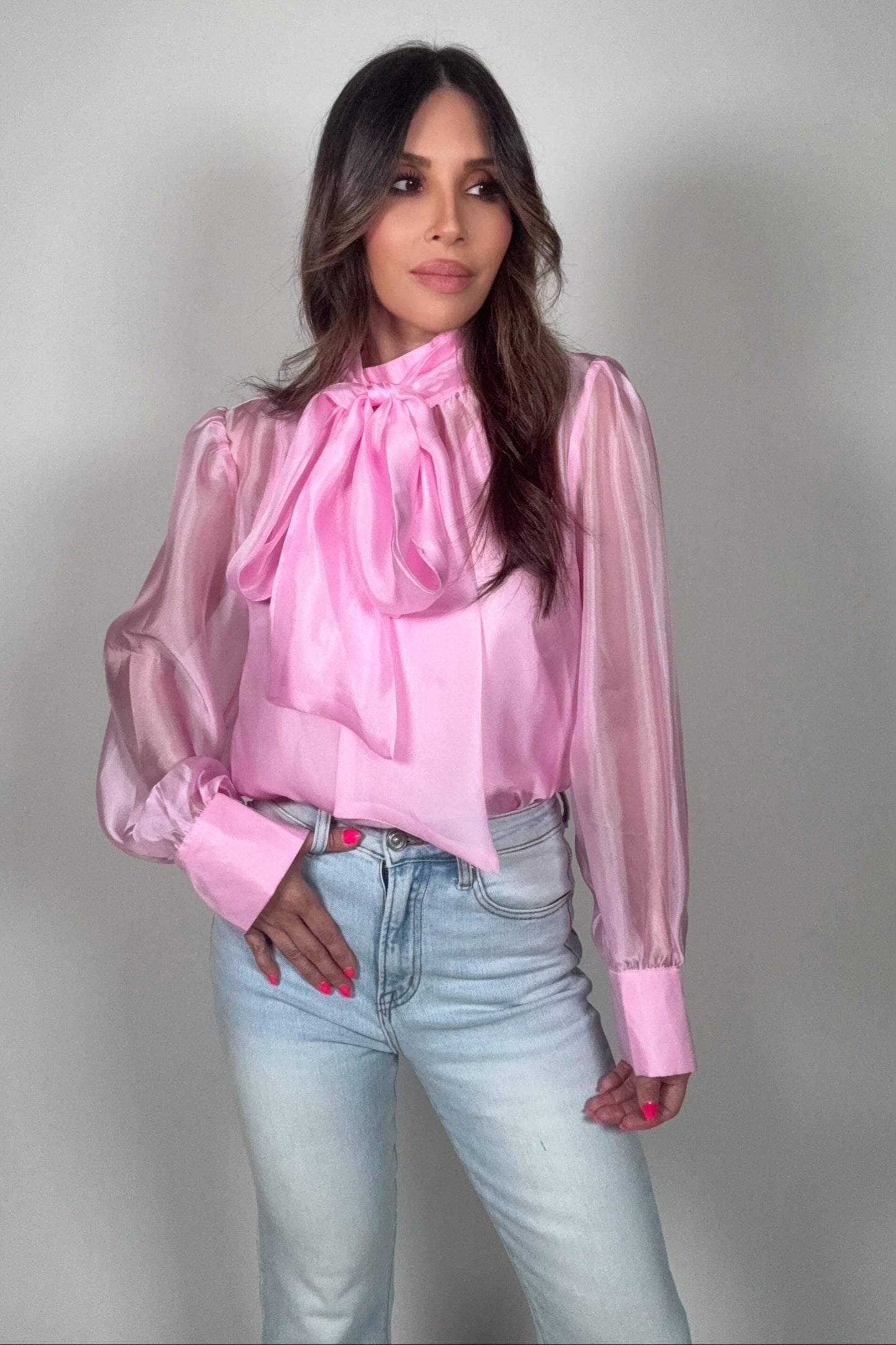 Pastel Chiffon Long Sleeve Bow-Tie Blouse - Born To Glam Born To Glam