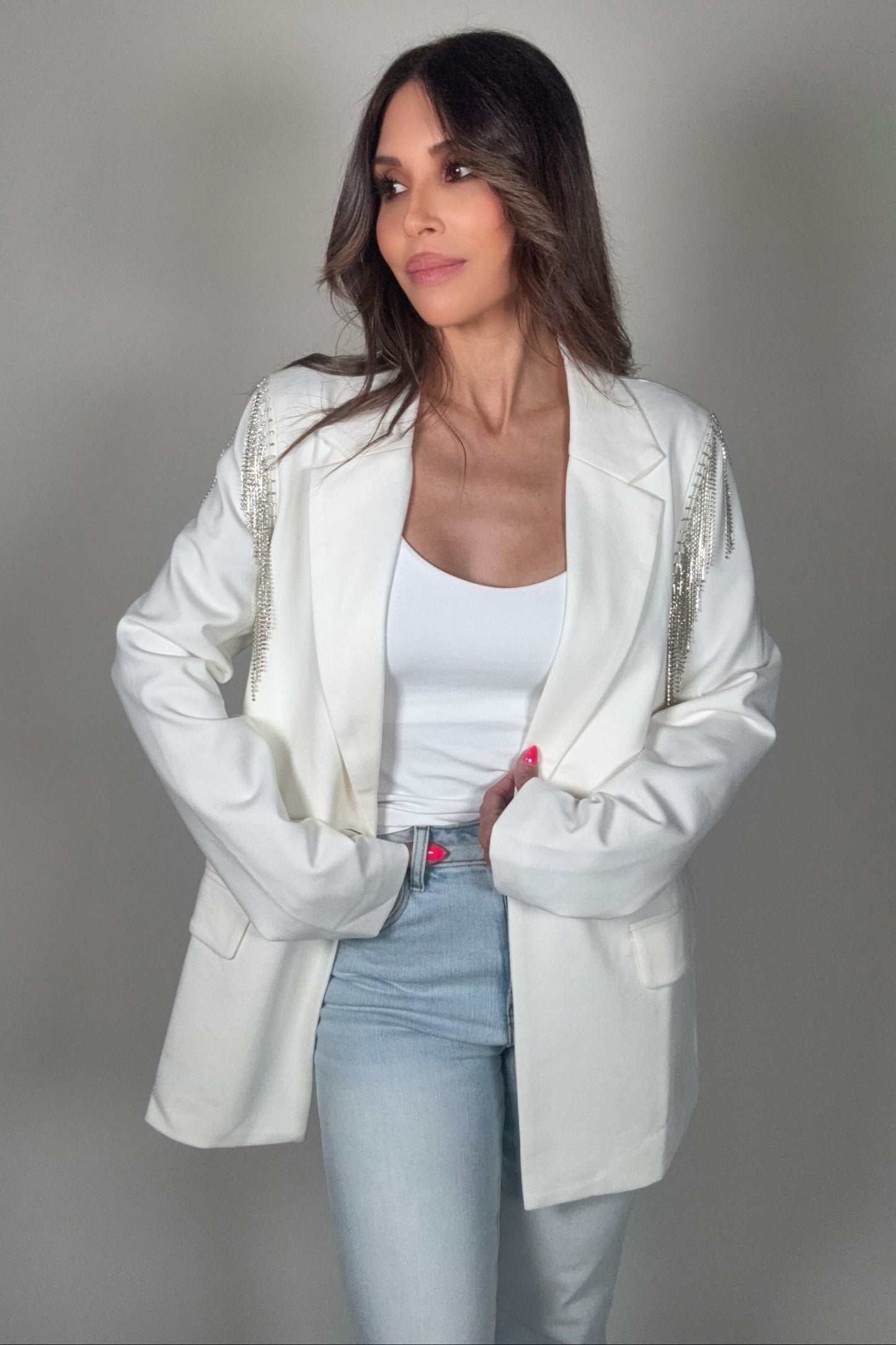 Stretch Boyfriend Rhinestone Fringe Blazer - Born To Glam Born To Glam
