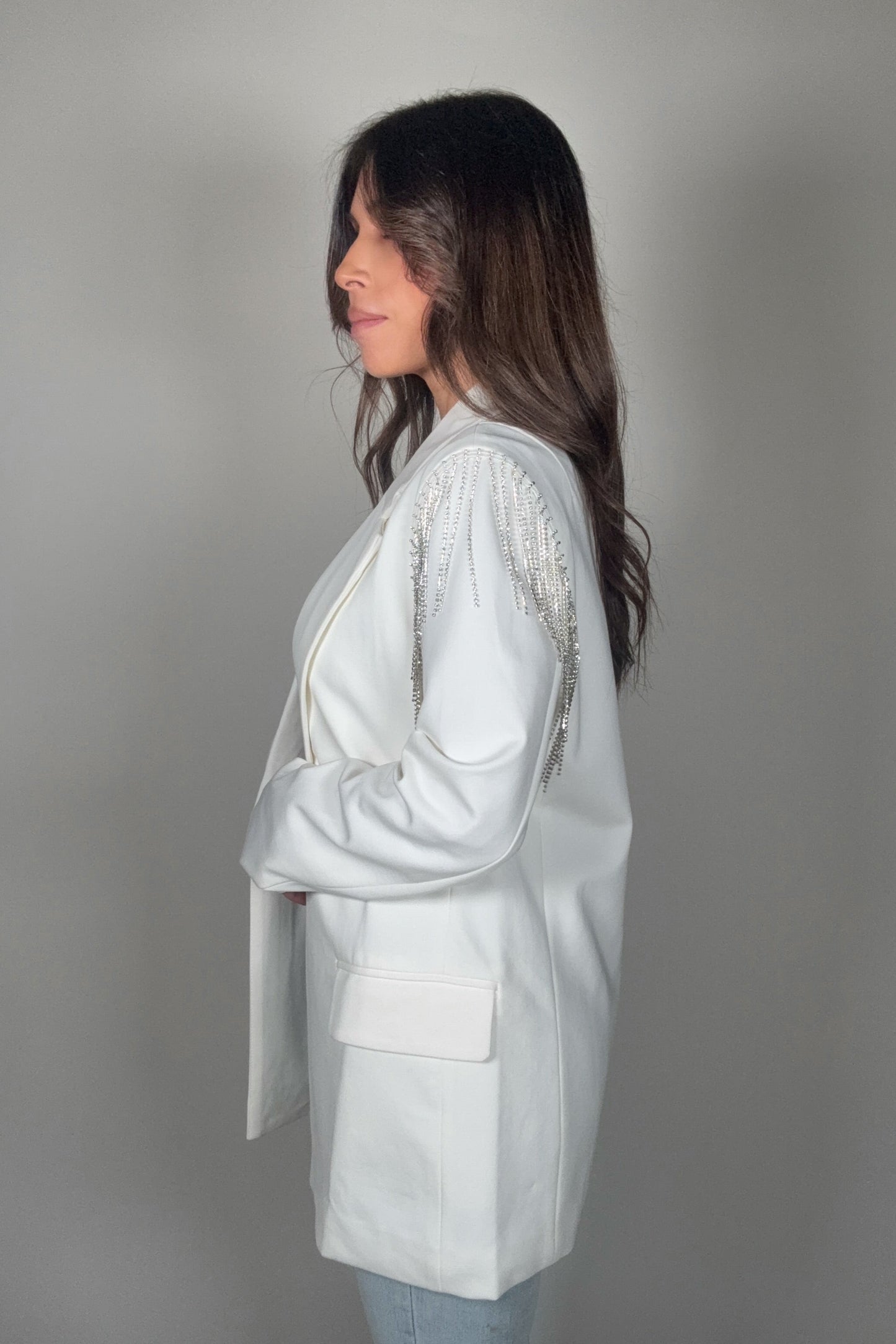 Stretch Boyfriend Rhinestone Fringe Blazer - Born To Glam Born To Glam