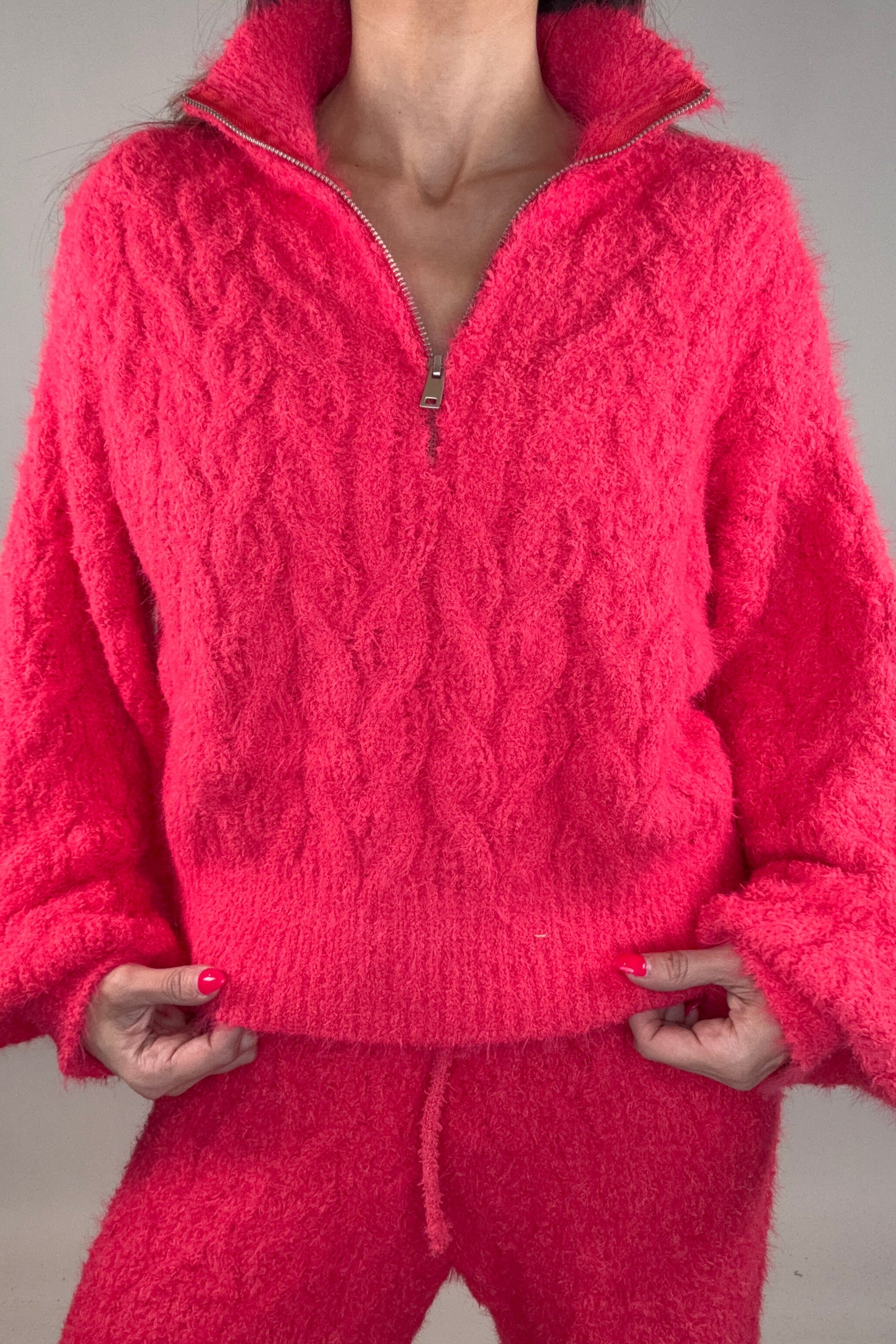 Coral Red Half Zip Up Berber Sweater Top Born To Glam