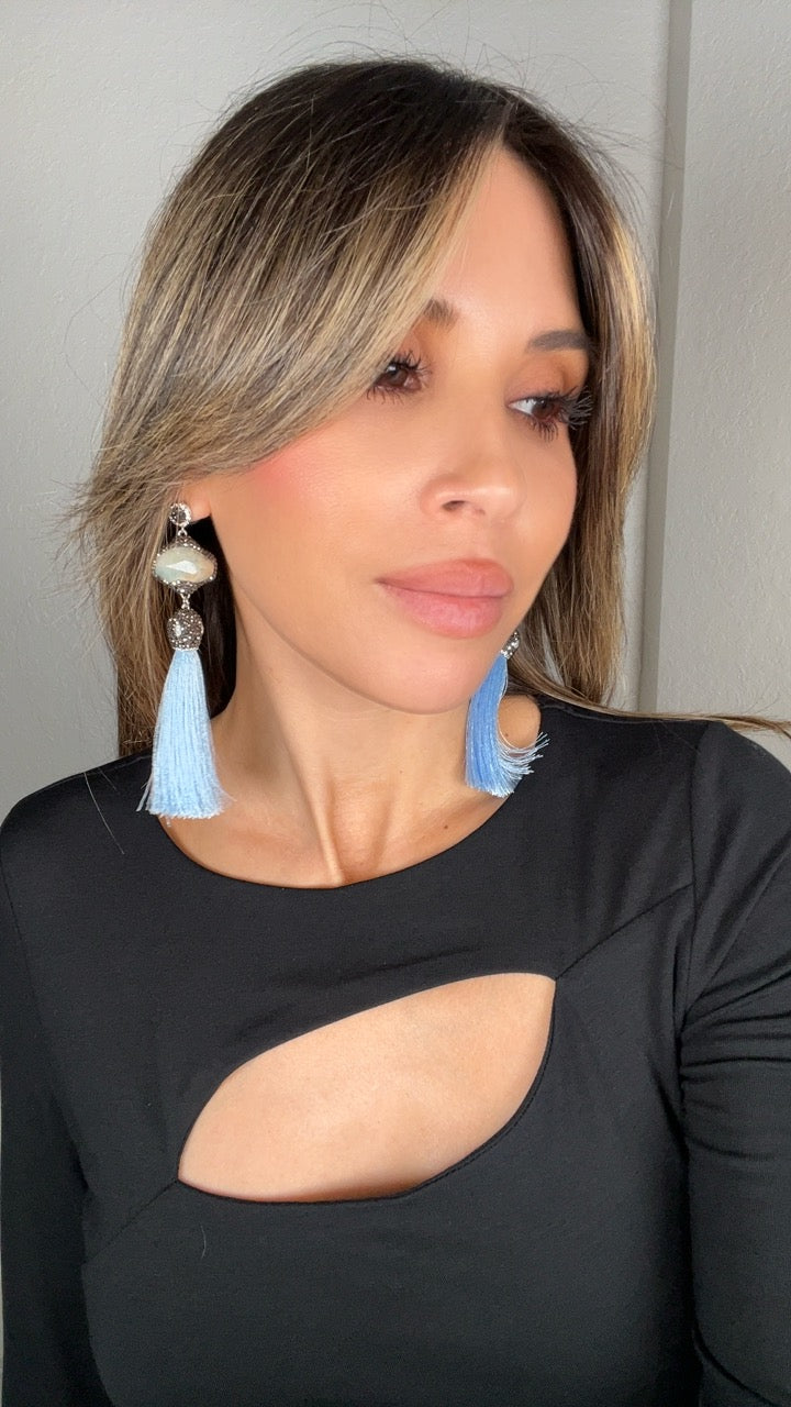 Grey Agate Statement Tassel Earring - Born To Glam Born To Glam