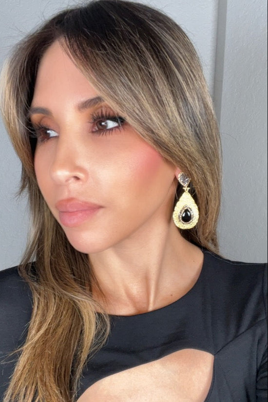 Teardrop Gemstone & Crystal Brass Dangle Earring - Born To Glam Born To Glam