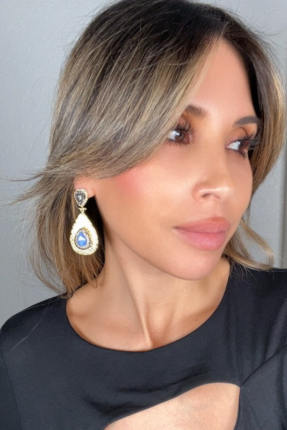 Teardrop Gemstone & Crystal Brass Dangle Earring - Born To Glam Born To Glam