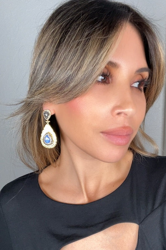 Teardrop Gemstone & Crystal Brass Dangle Earring - Born To Glam Born To Glam