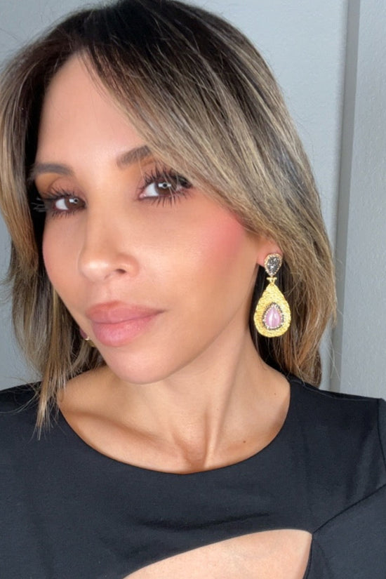 Teardrop Gemstone & Crystal Brass Dangle Earring - Born To Glam Born To Glam