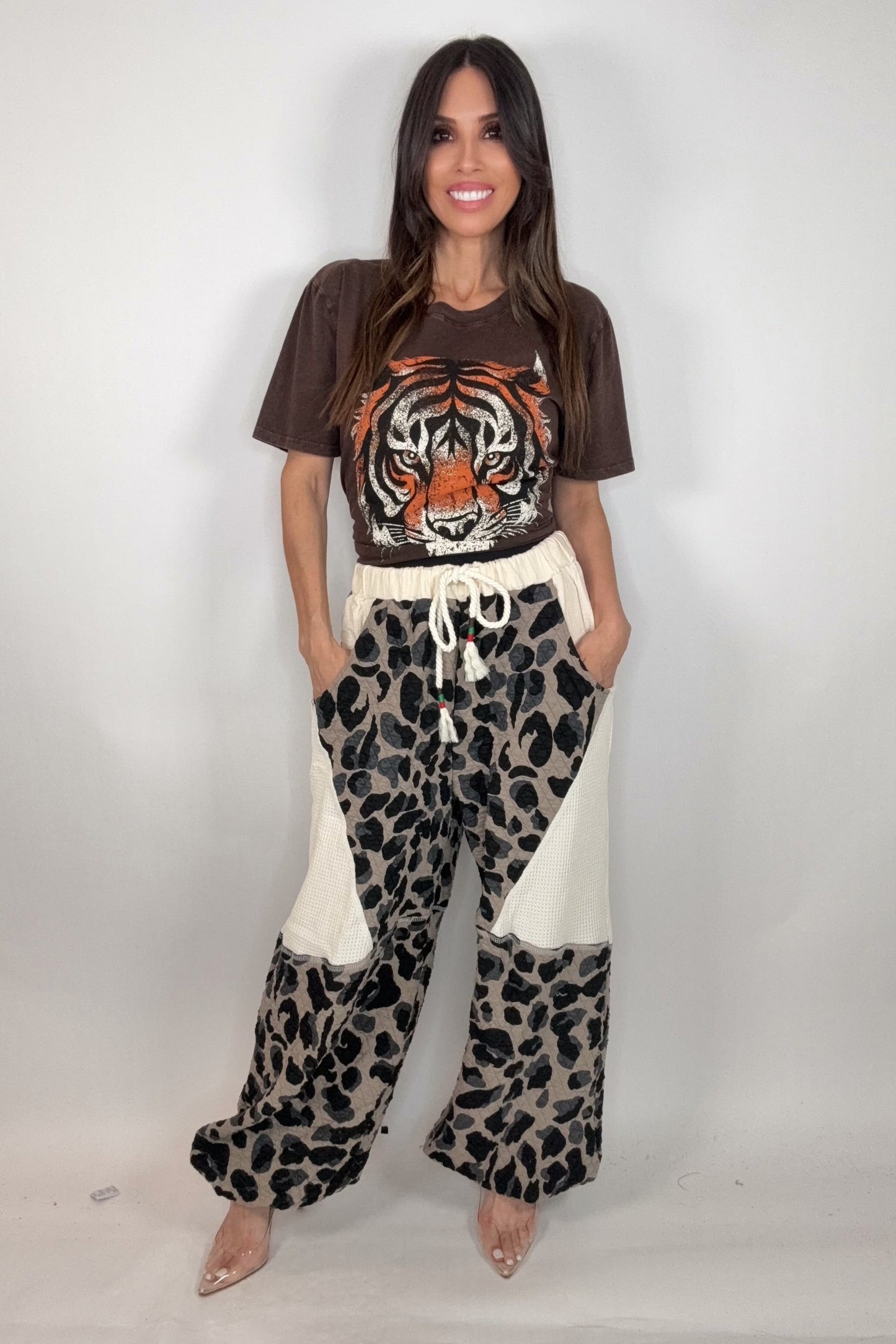 Taupe Leopard Double Gauze Patchwork Quilted Print Knit Pants Born To Glam