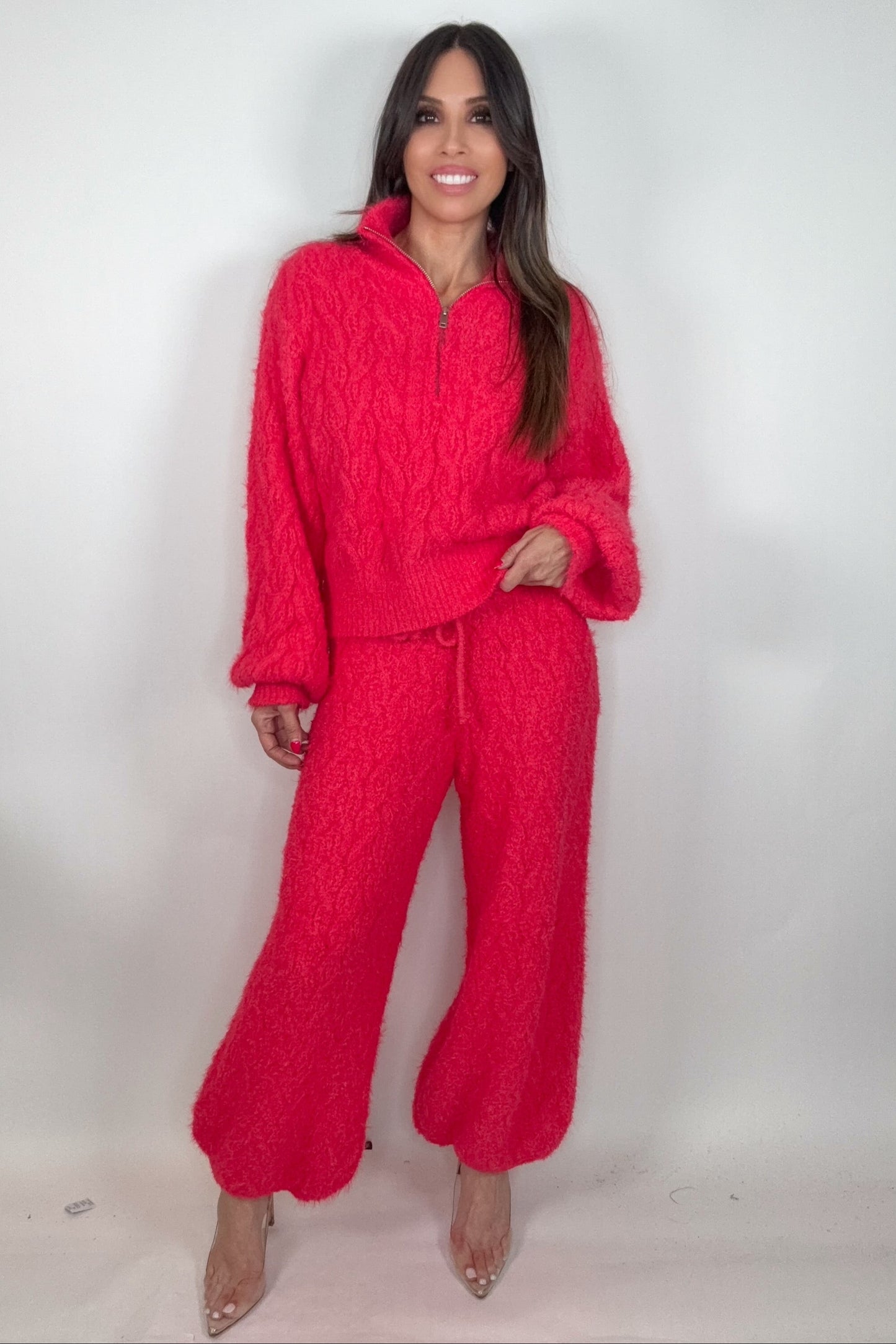 Coral Red Solid Pattern Relaxed Fit Berber Sweater Pants Born To Glam