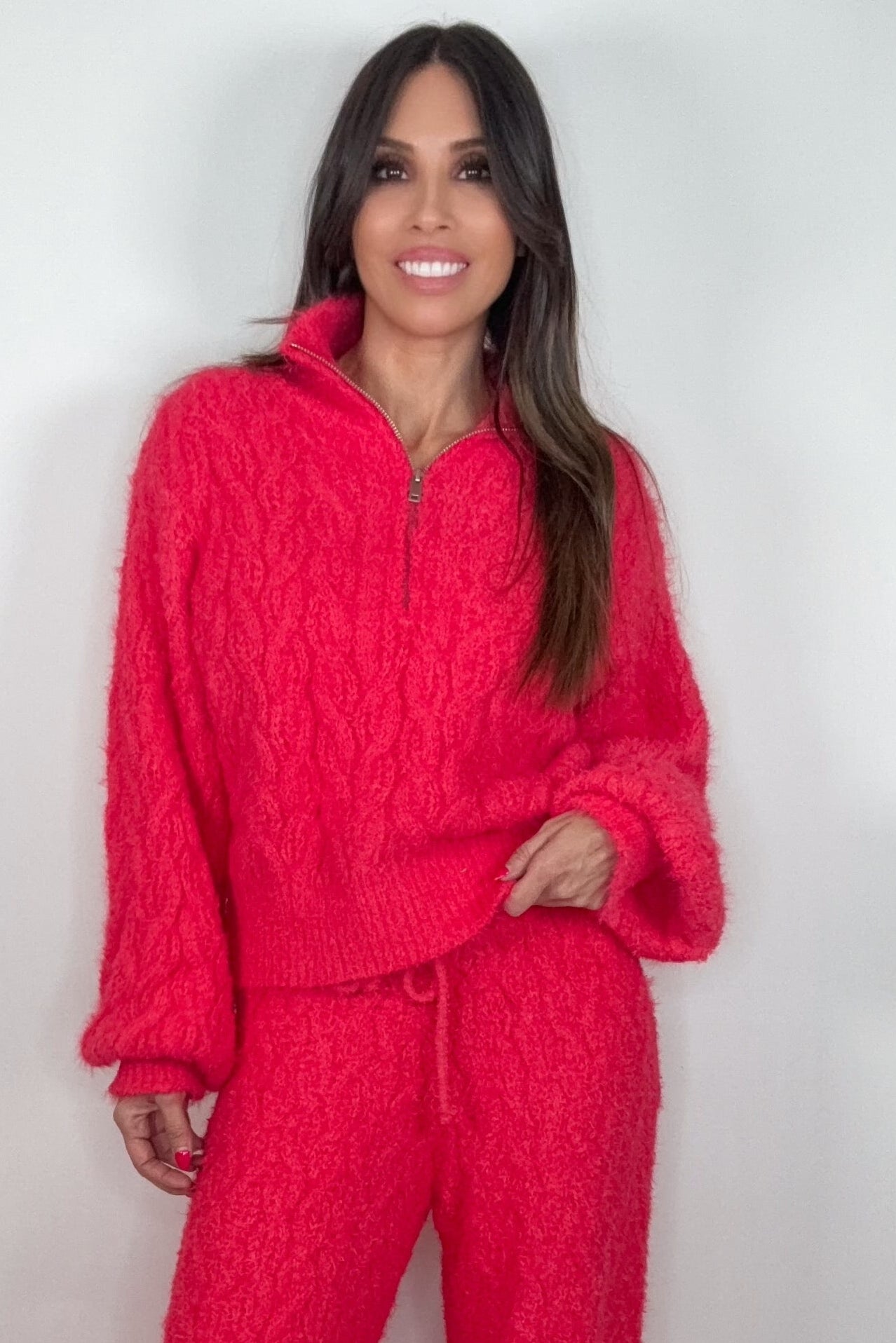Coral Red Half Zip Up Berber Sweater Top Born To Glam