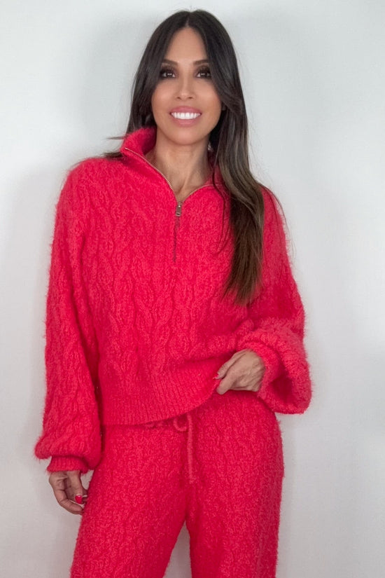 Coral Red Half Zip Up Berber Sweater Top Born To Glam