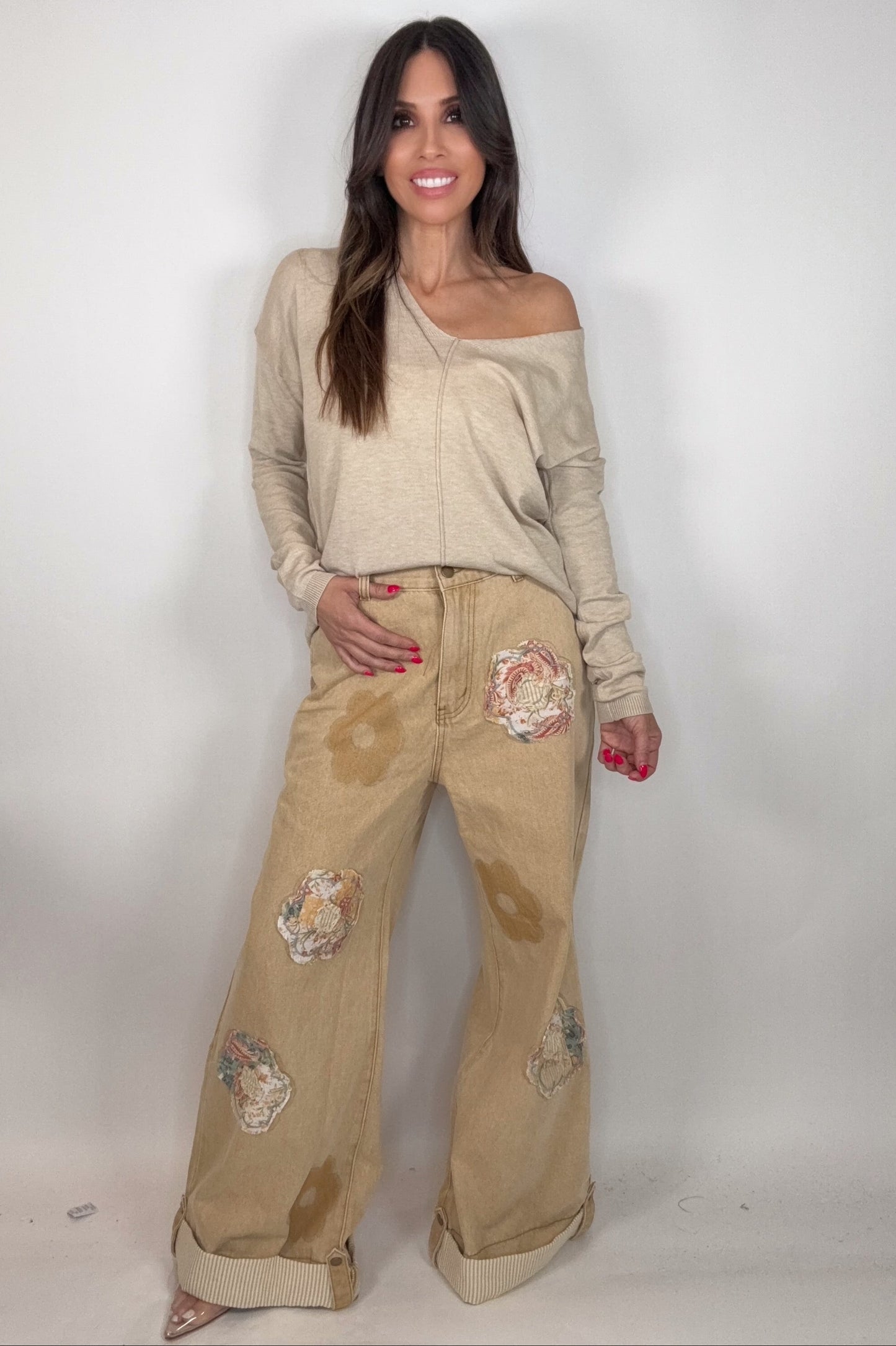Sand Floral Patchwork Rolled-Up Woven Denim Straight Pants Born To Glam