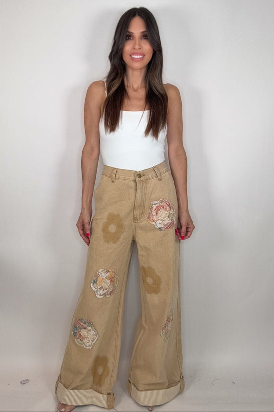 Sand Floral Patchwork Rolled-Up Woven Denim Straight Pants Born To Glam