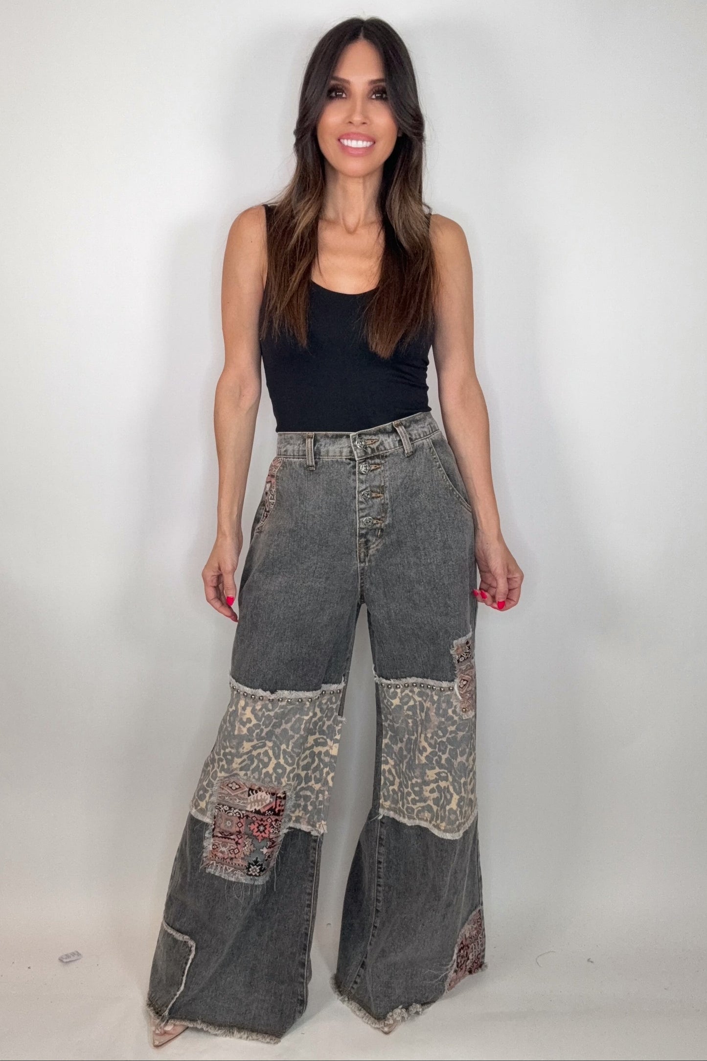 Black Leopard Patch Denim Pants Born To Glam