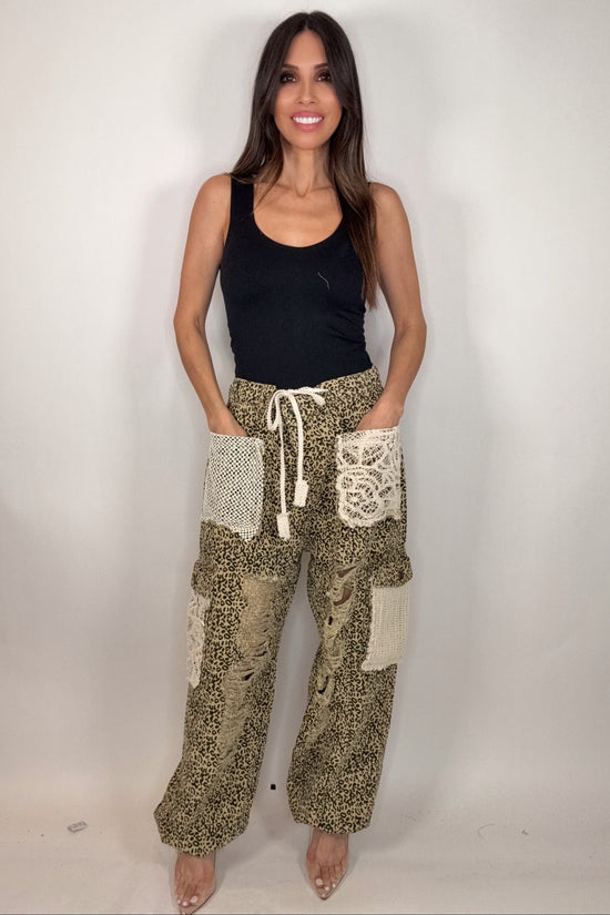 Sand Leopard Vintage Wash Crochet Patches Distress Jogger Pants Born To Glam
