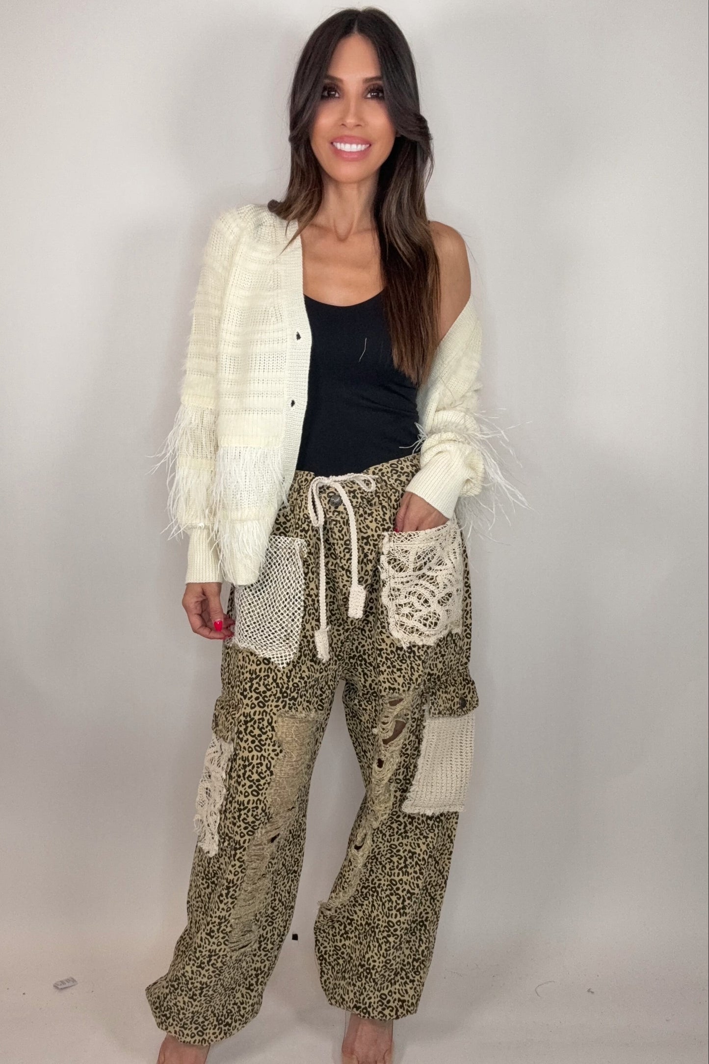 Sand Leopard Vintage Wash Crochet Patches Distress Jogger Pants Born To Glam