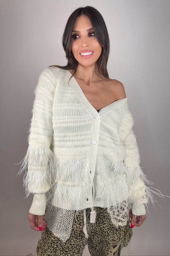 Feather Trim Wool Blend Cardigan - Born To Glam Born To Glam