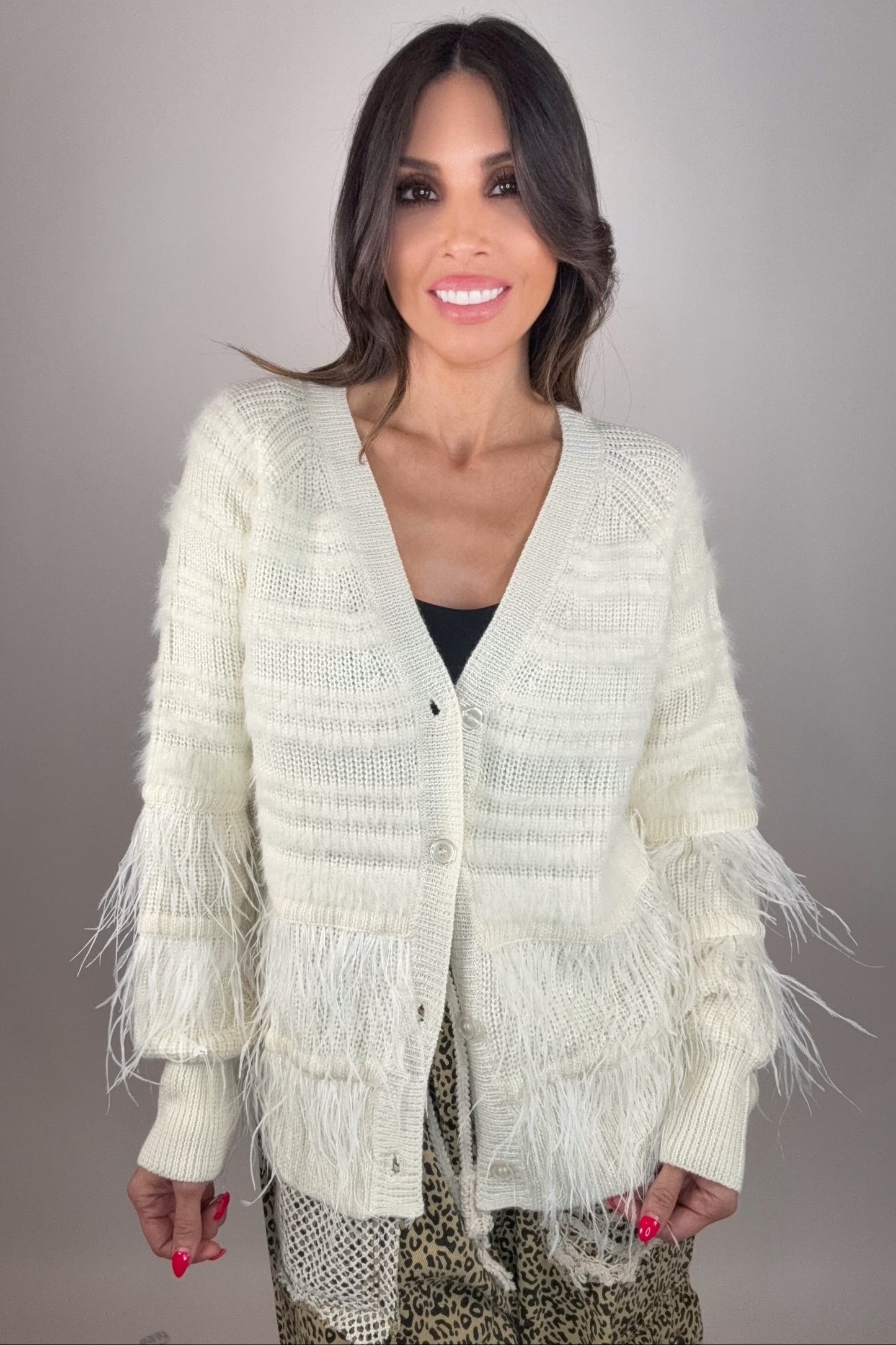Feather Trim Wool Blend Cardigan - Born To Glam Born To Glam
