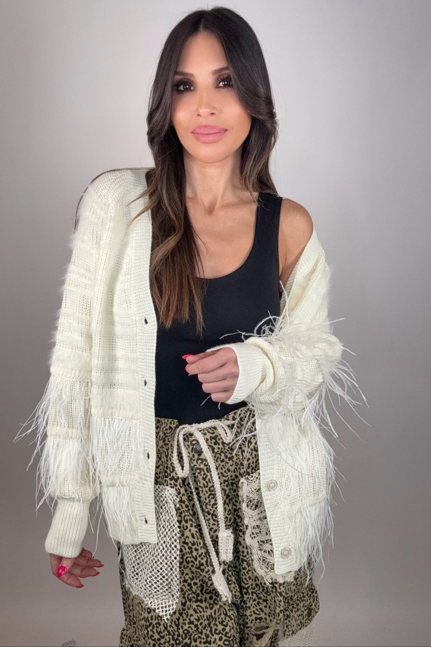 Feather Trim Wool Blend Cardigan - Born To Glam Born To Glam