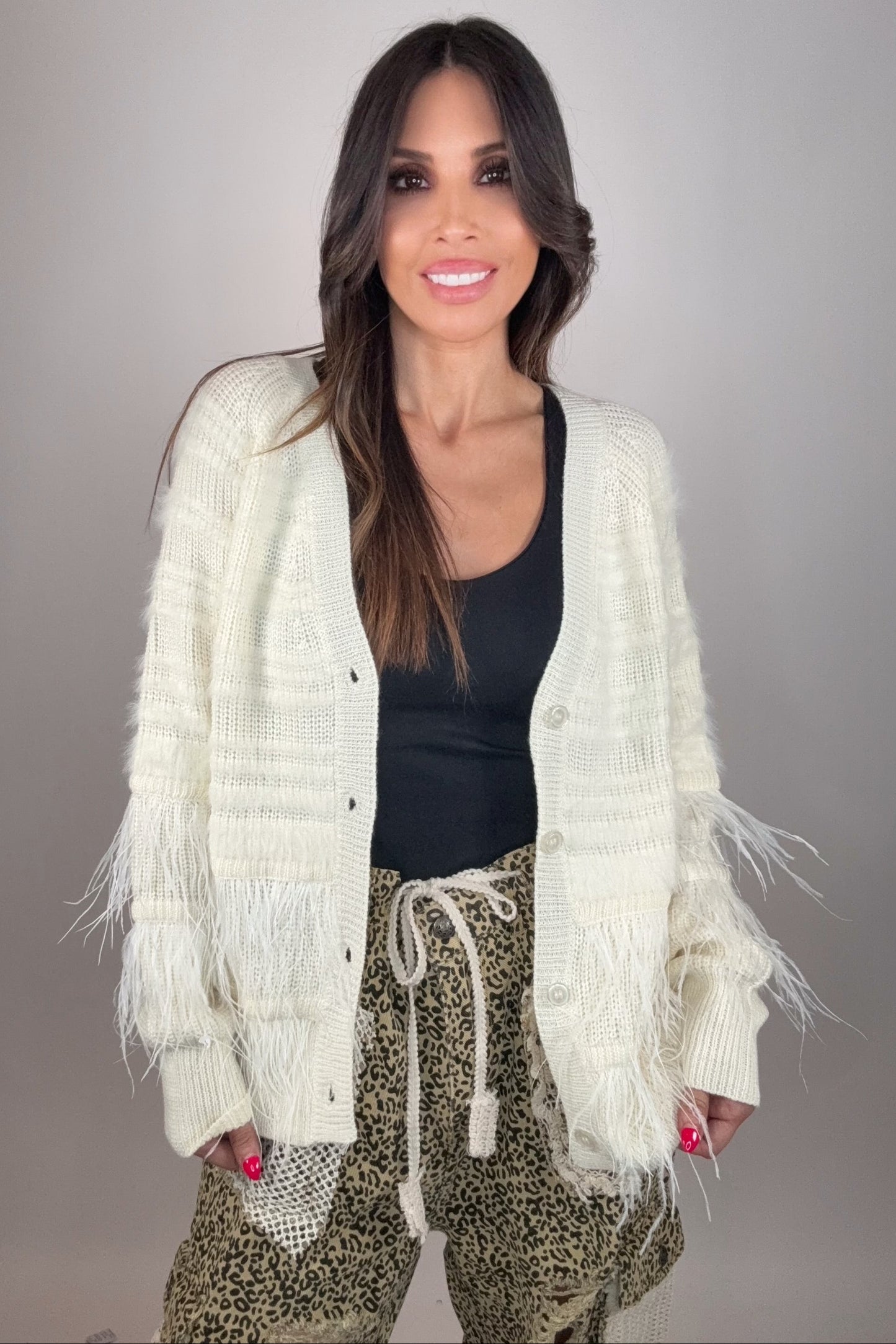 Feather Trim Wool Blend Cardigan - Born To Glam Born To Glam