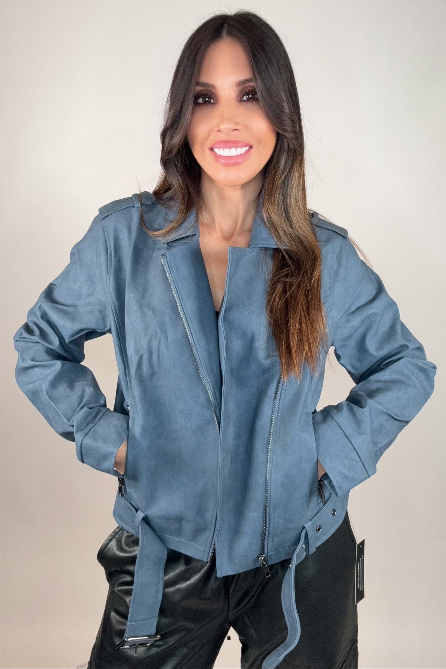Denim Blue Faux Leather Moto Jacket - Born To Glam Born To Glam