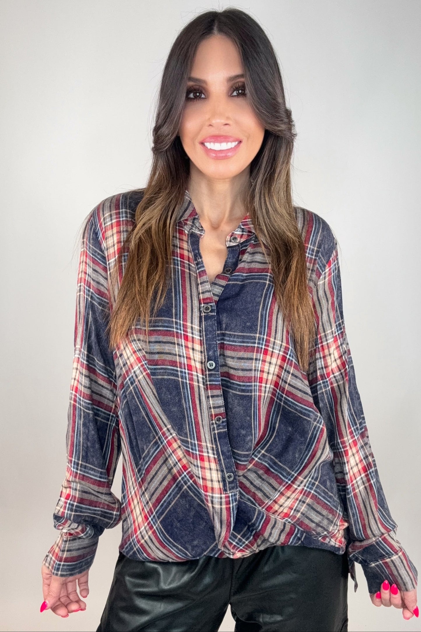 Navy Washed Plaid Surplice Blouse - Born To Glam Born To Glam