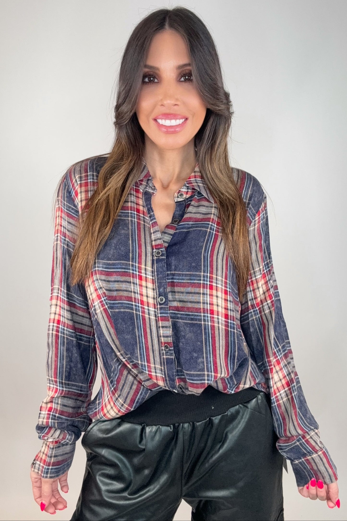 Navy Washed Plaid Surplice Blouse - Born To Glam Born To Glam